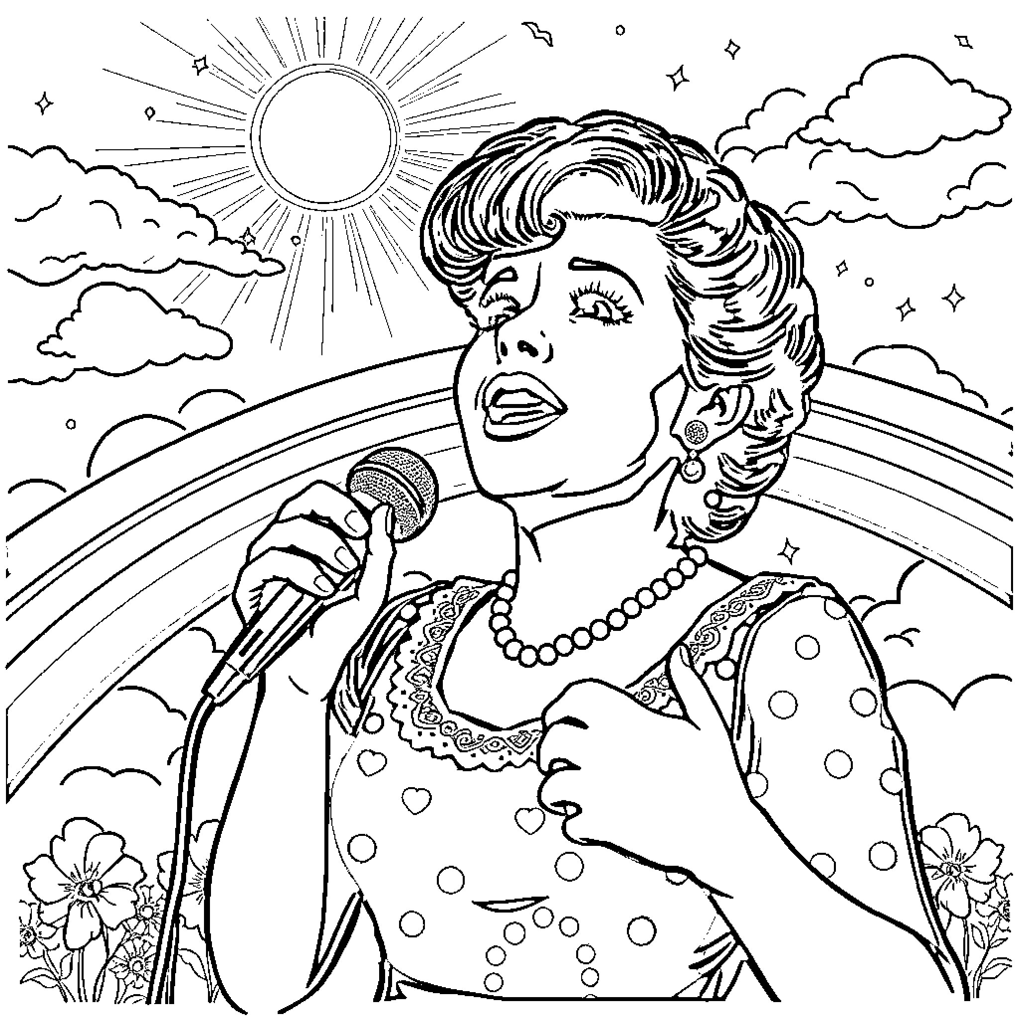 Judy Garland Sings Under Bright Sunlit Sky Coloring Page (free black-and-white line drawing printable PDF for all, from beginners to advanced learners, including children, teens, adults, and seniors)