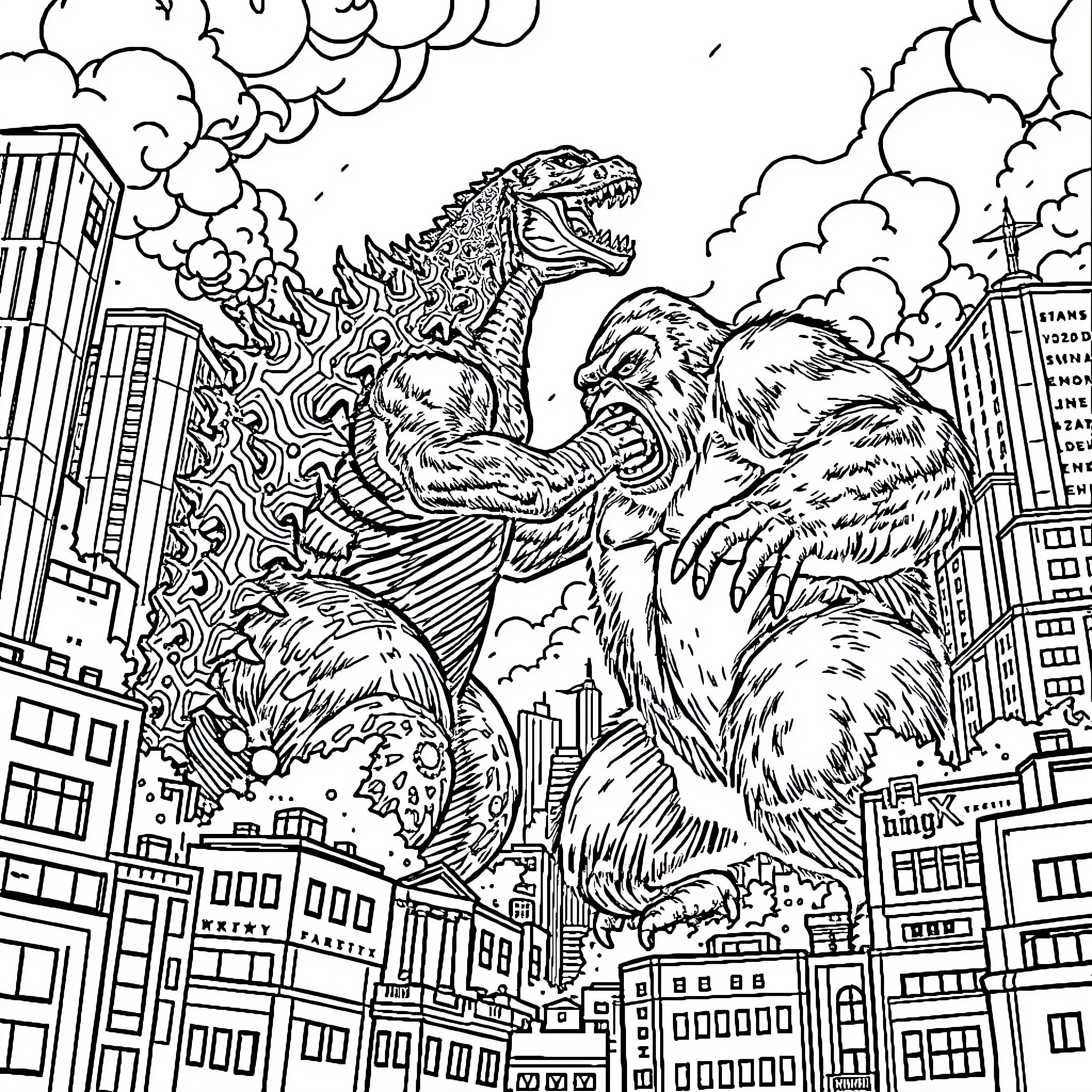 Godzilla battling a giant monster in the city Coloring Page (free black-and-white line drawing printable PDF for all, from beginners to advanced learners, including children, teens, adults, and seniors)