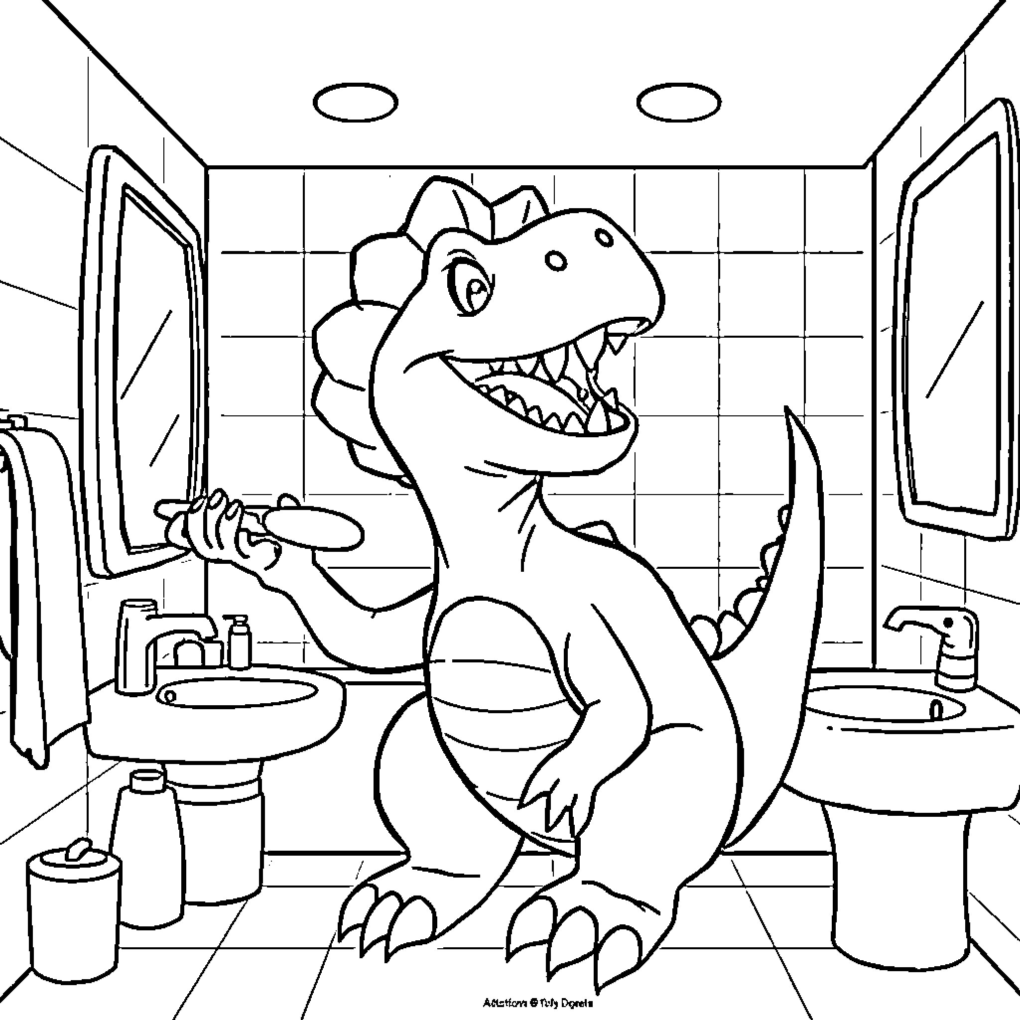 Dinosaur brushing teeth in the bathroom Coloring Page (free black-and-white line drawing printable PDF for all, from beginners to advanced learners, including children, teens, adults, and seniors)