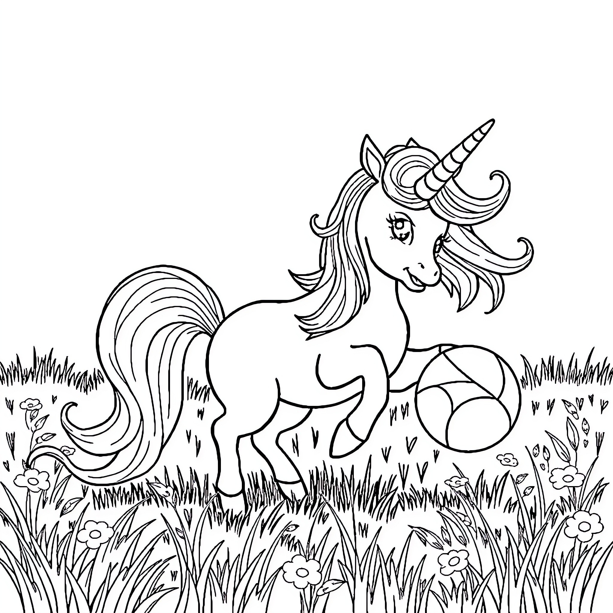 Unicorn frolicking in a meadow Coloring Page (free black-and-white line drawing printable PDF for all, from beginners to advanced learners, including children, teens, adults, and seniors)