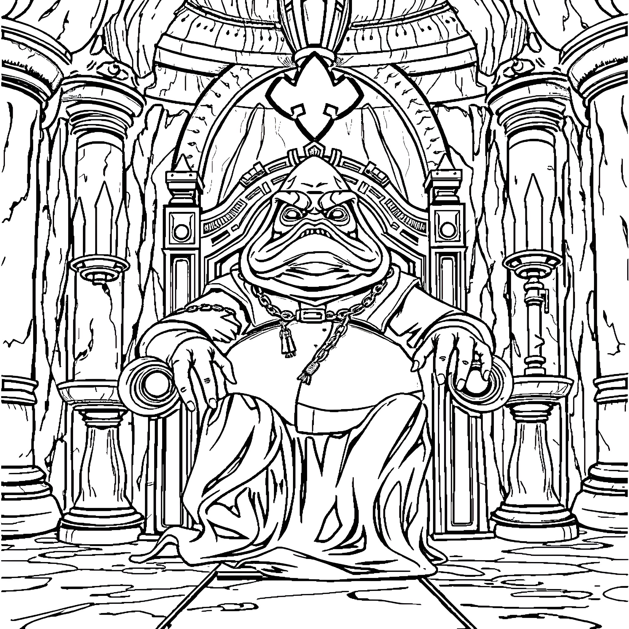 Jabba the Hutt lounging on his throne in an ornate palace Coloring Page (free black-and-white line drawing printable PDF for all, from beginners to advanced learners, including children, teens, adults, and seniors)