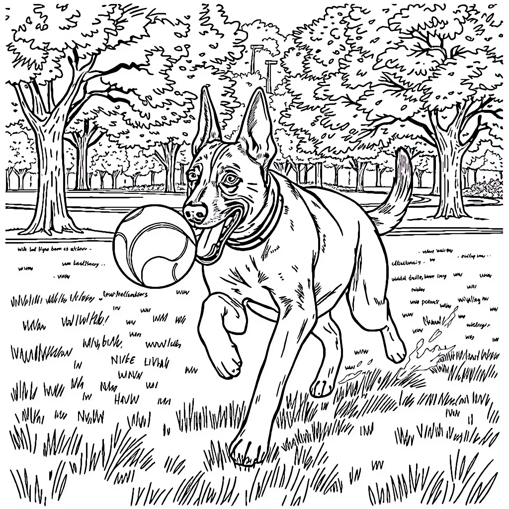 Belgian Malinois exploring the lush outdoor scenery Coloring Page (free black-and-white line drawing printable PDF for all, from beginners to advanced learners, including children, teens, adults, and seniors)