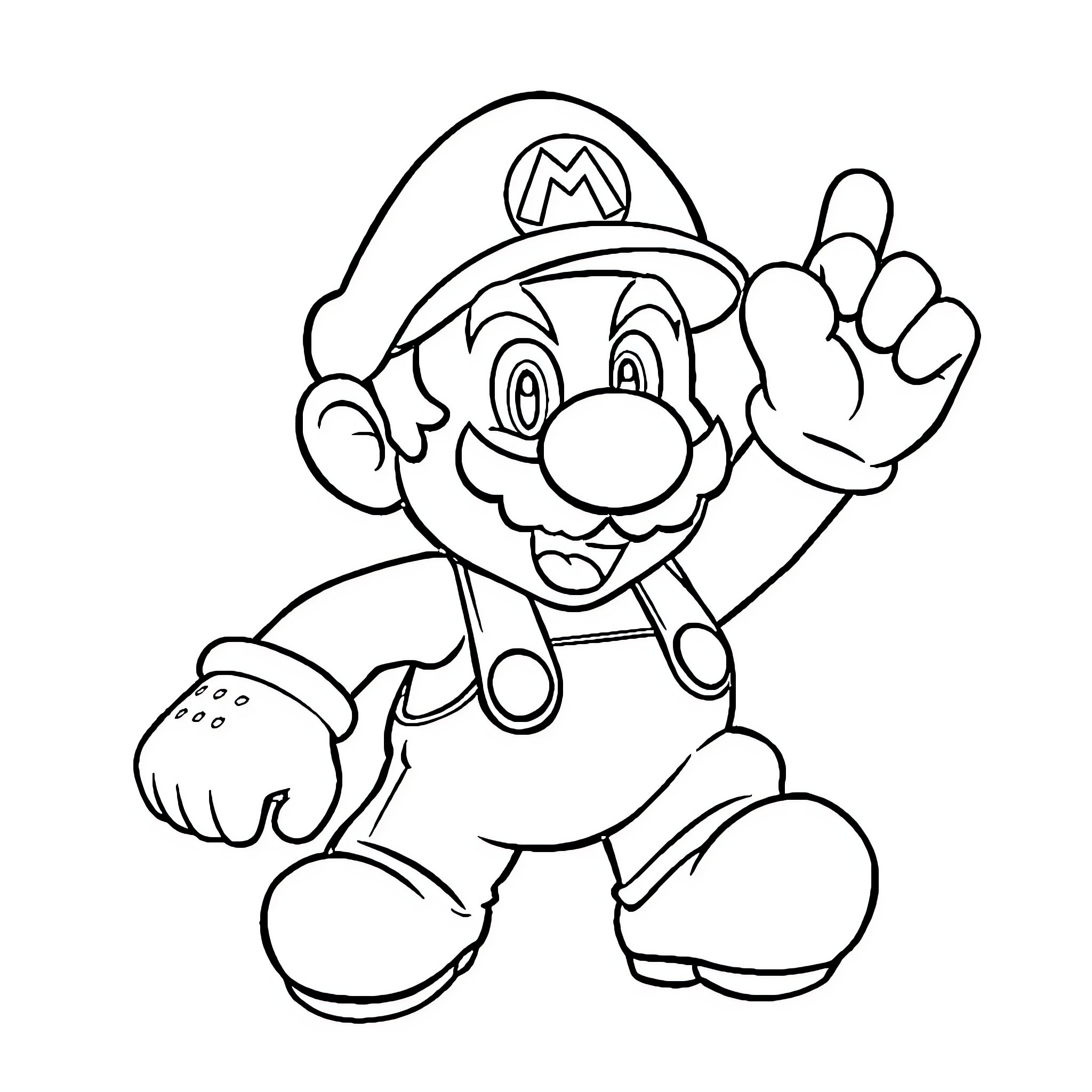 Super Mario Jumping and Waving Happily Coloring Page (free black-and-white line drawing printable PDF for all, from beginners to advanced learners, including children, teens, adults, and seniors)