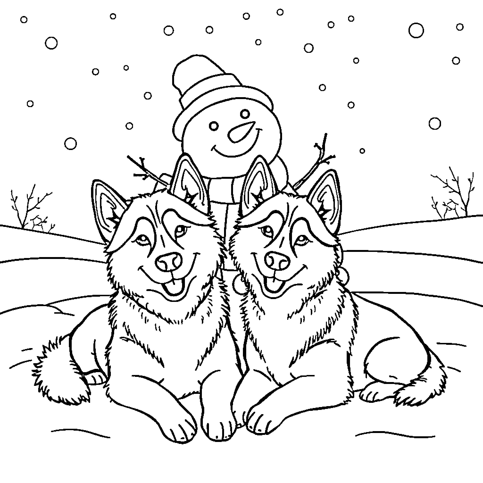 Husky dogs playing with snowman in winter landscape Coloring Page (free black-and-white line drawing printable PDF for all, from beginners to advanced learners, including children, teens, adults, and seniors)