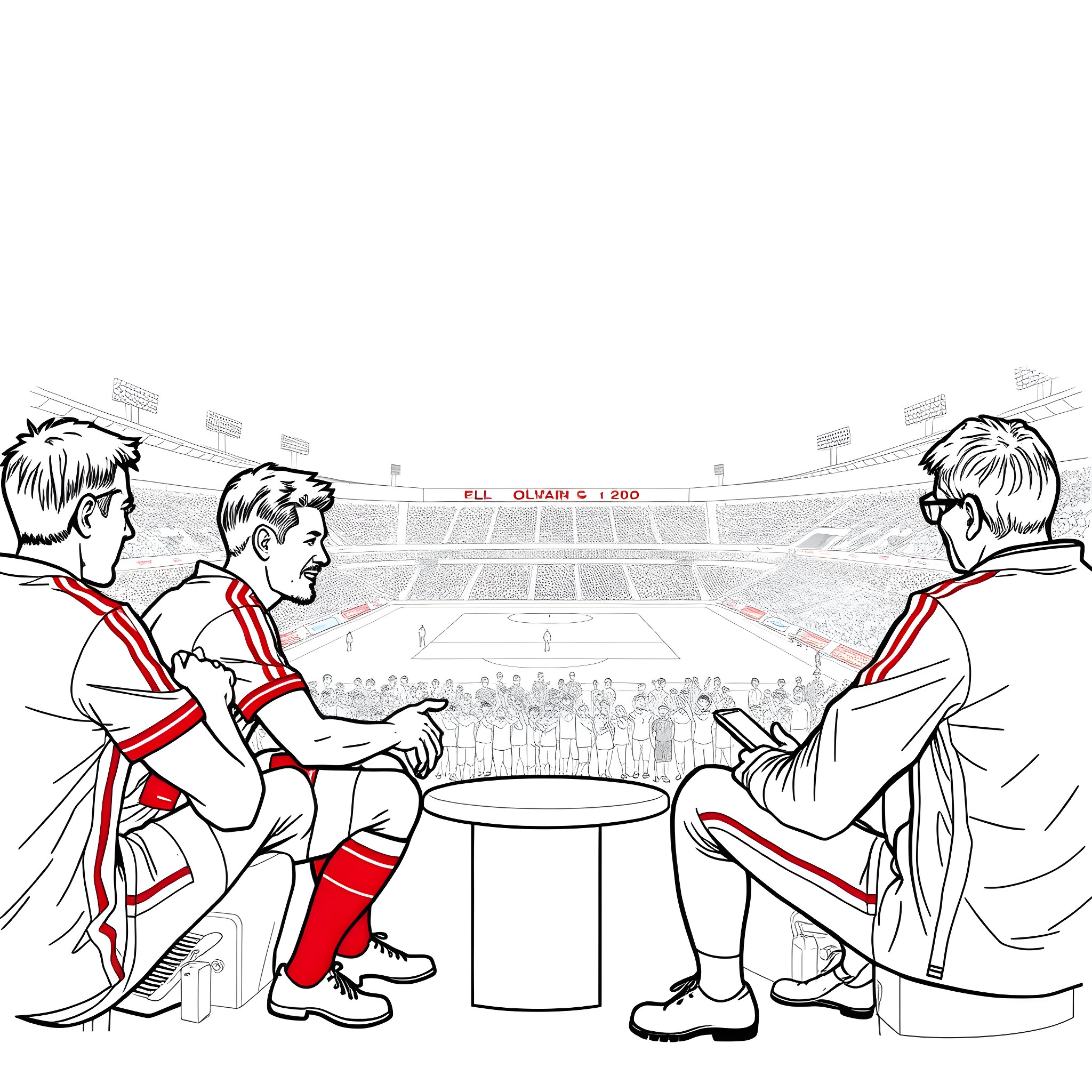 Olympiacos Players Strategizing on the Pitch Coloring Page (free black-and-white line drawing printable PDF for all, from beginners to advanced learners, including children, teens, adults, and seniors)