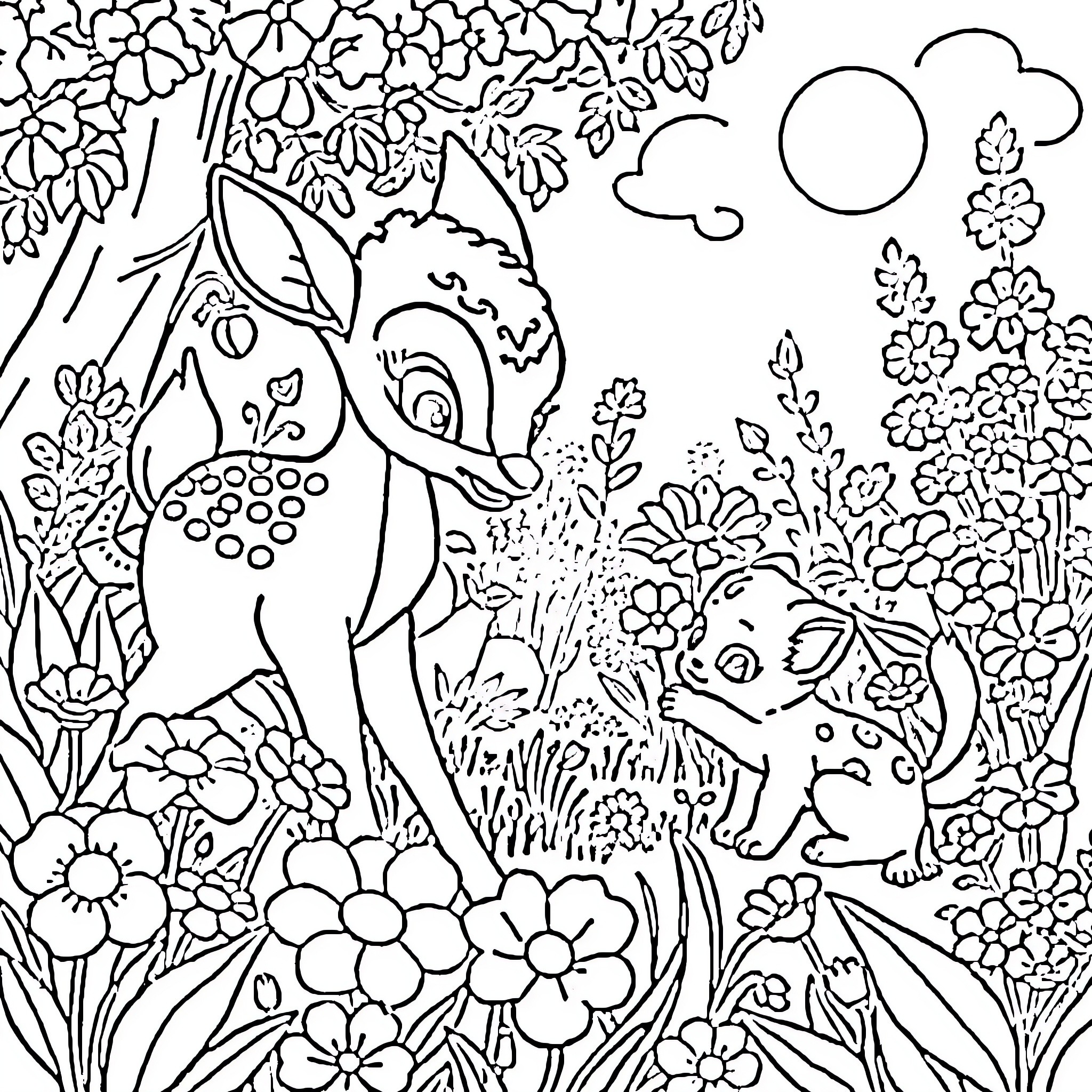 Bambi and Thumper explore the enchanting forest Coloring Page (free black-and-white line drawing printable PDF for all, from beginners to advanced learners, including children, teens, adults, and seniors)