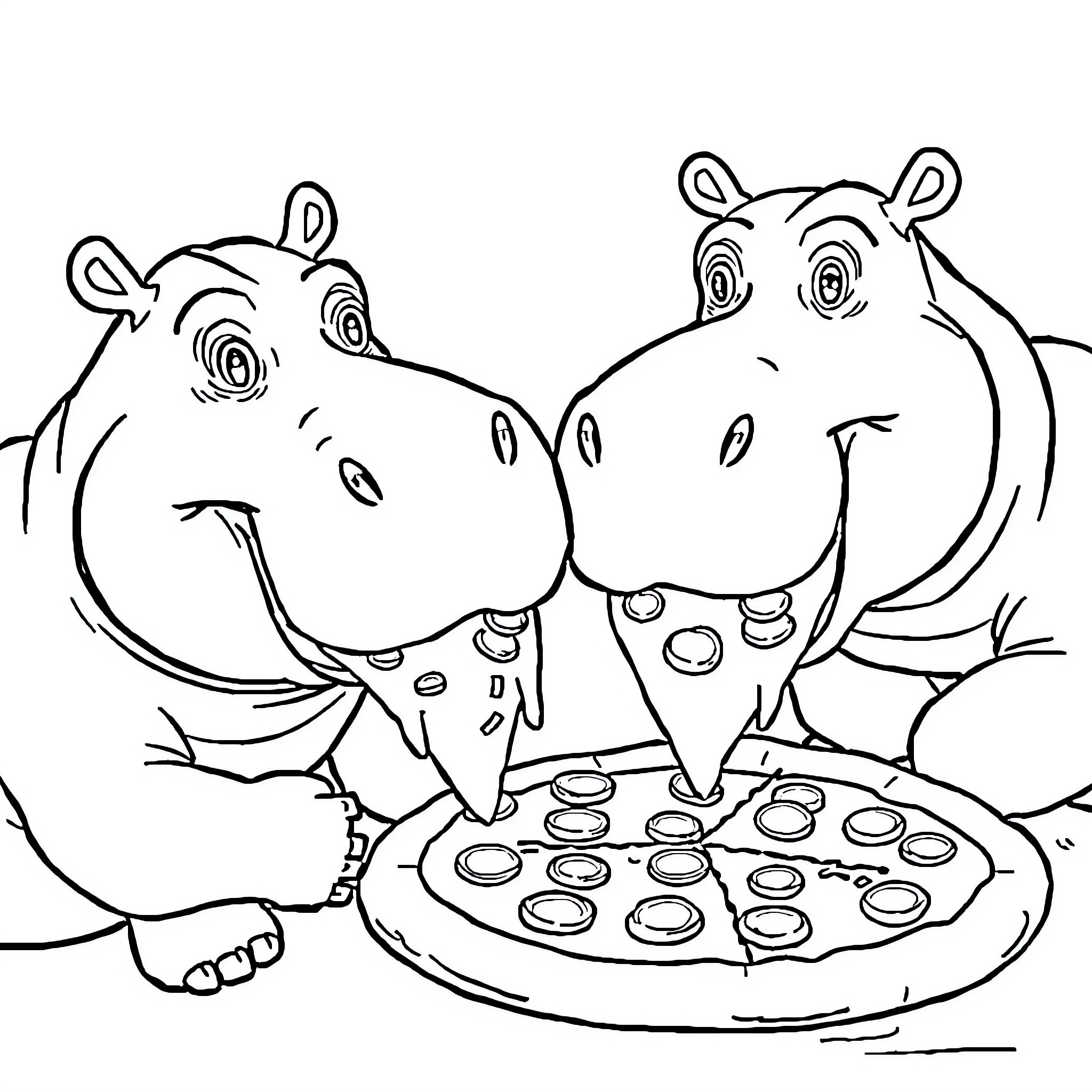 Hippos Sharing a Delicious Meal Coloring Page (free black-and-white line drawing printable PDF for all, from beginners to advanced learners, including children, teens, adults, and seniors)