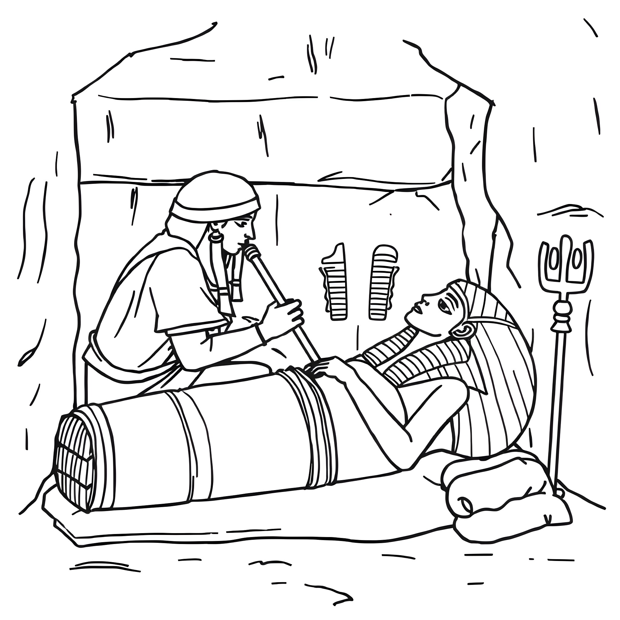 Mummy resting peacefully in the tomb Coloring Page (free black-and-white line drawing printable PDF for all, from beginners to advanced learners, including children, teens, adults, and seniors)