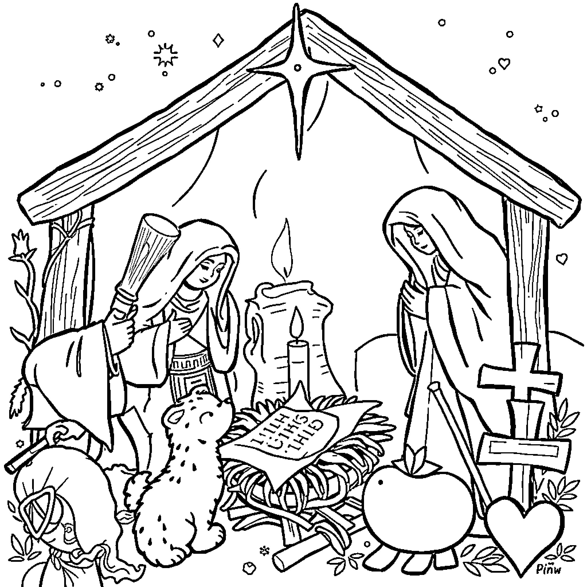 Nativity Scene with Figures, Animals, and Symbols Coloring Page (free black-and-white line drawing printable PDF for all, from beginners to advanced learners, including children, teens, adults, and seniors)