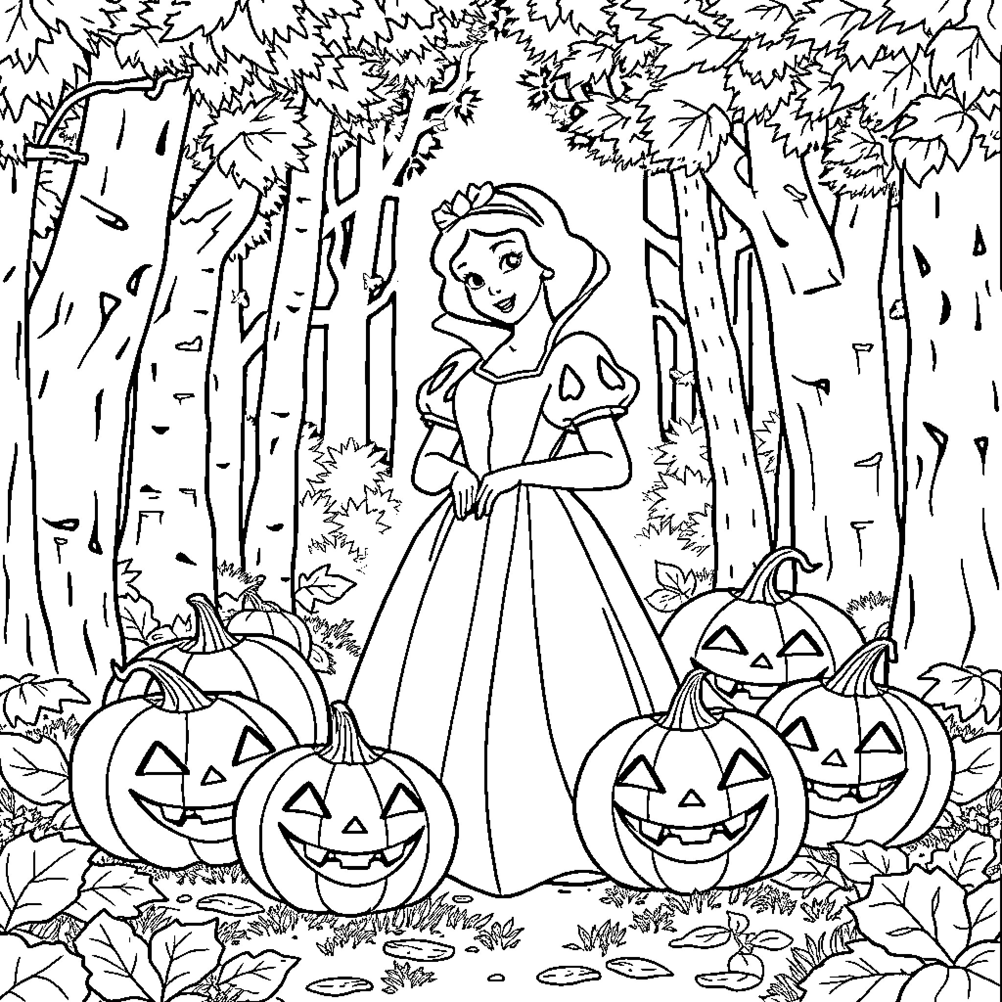 Snow White in the Enchanted Forest with Pumpkins Coloring Page (free black-and-white line drawing printable PDF for all, from beginners to advanced learners, including children, teens, adults, and seniors)