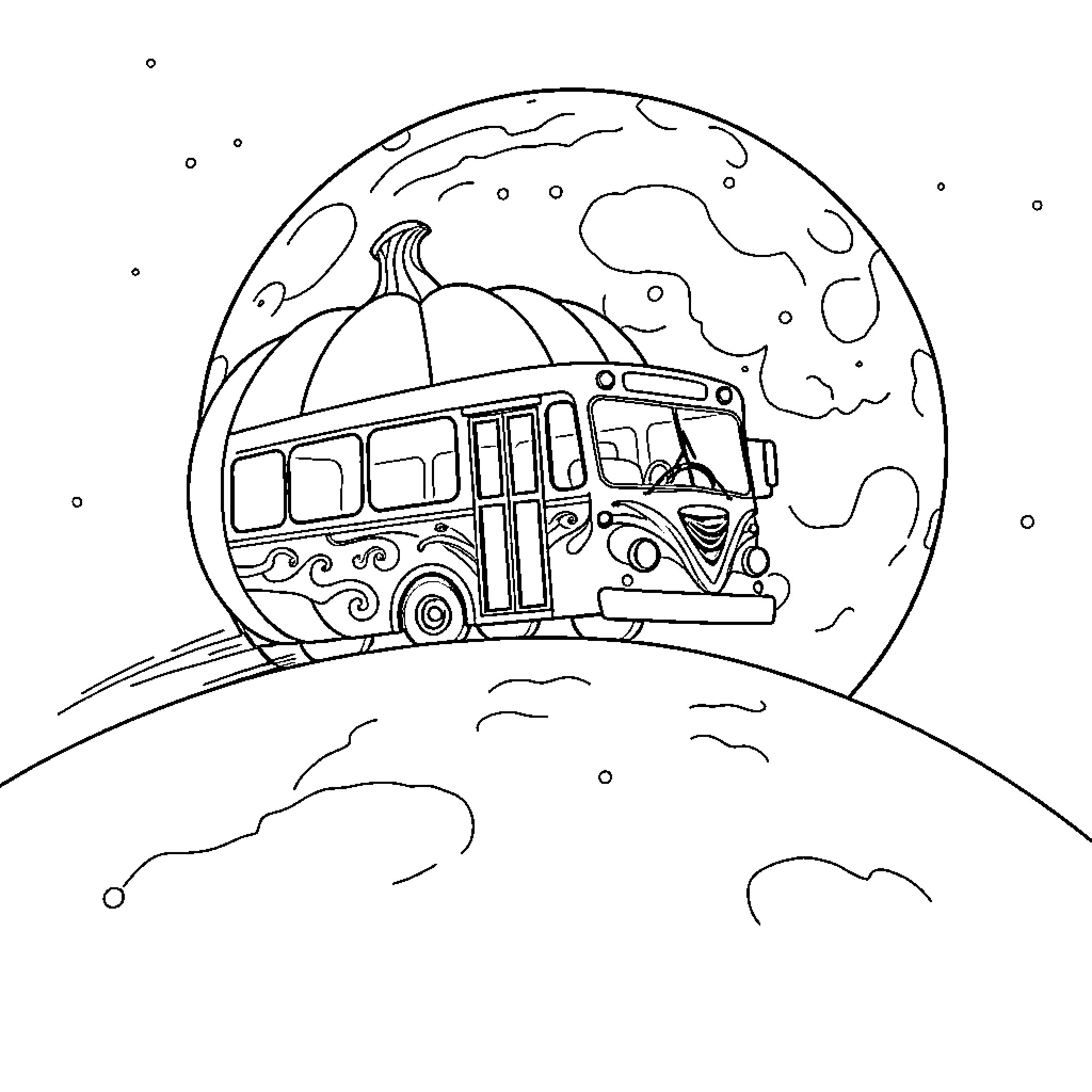 Pumpkin bus on a spooky night ride Coloring Page (free black-and-white line drawing printable PDF for all, from beginners to advanced learners, including children, teens, adults, and seniors)