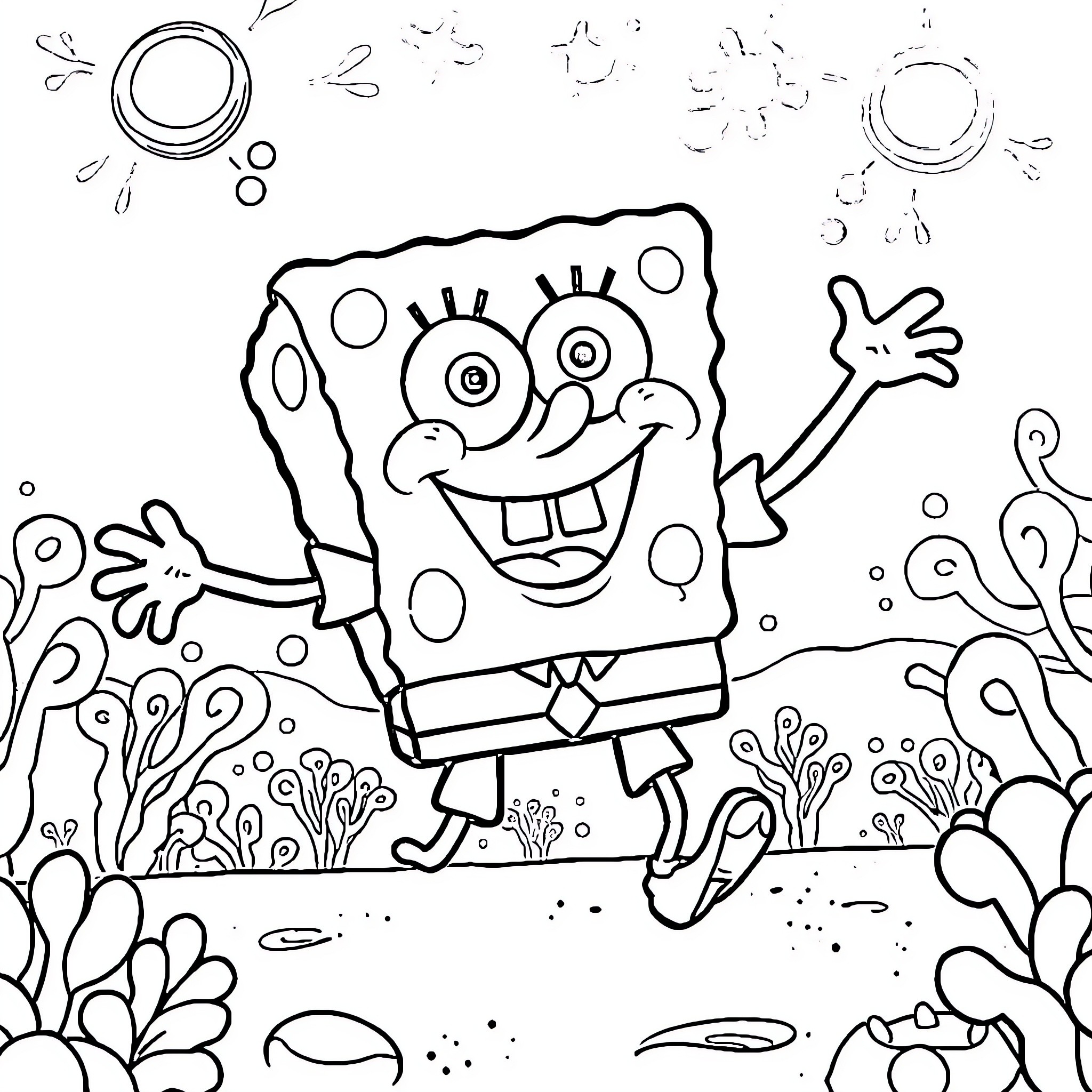 Spongebob joyfully jumping in the underwater scene Coloring Page (free black-and-white line drawing printable PDF for all, from beginners to advanced learners, including children, teens, adults, and seniors)