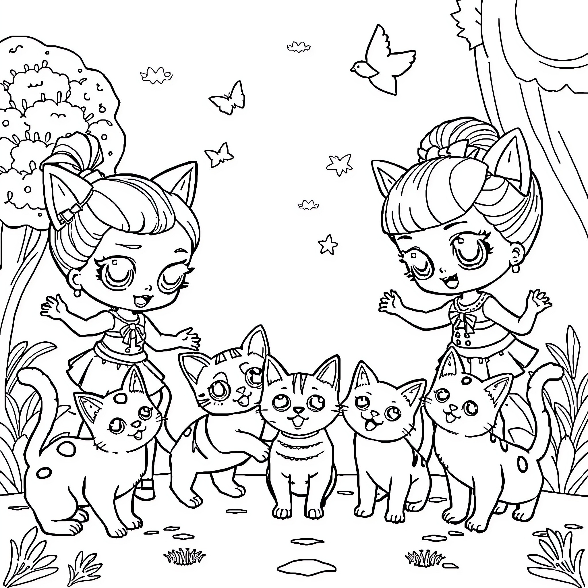 Lol Doll Playtime with Furry Friends Coloring Page (free black-and-white line drawing printable PDF for all, from beginners to advanced learners, including children, teens, adults, and seniors)