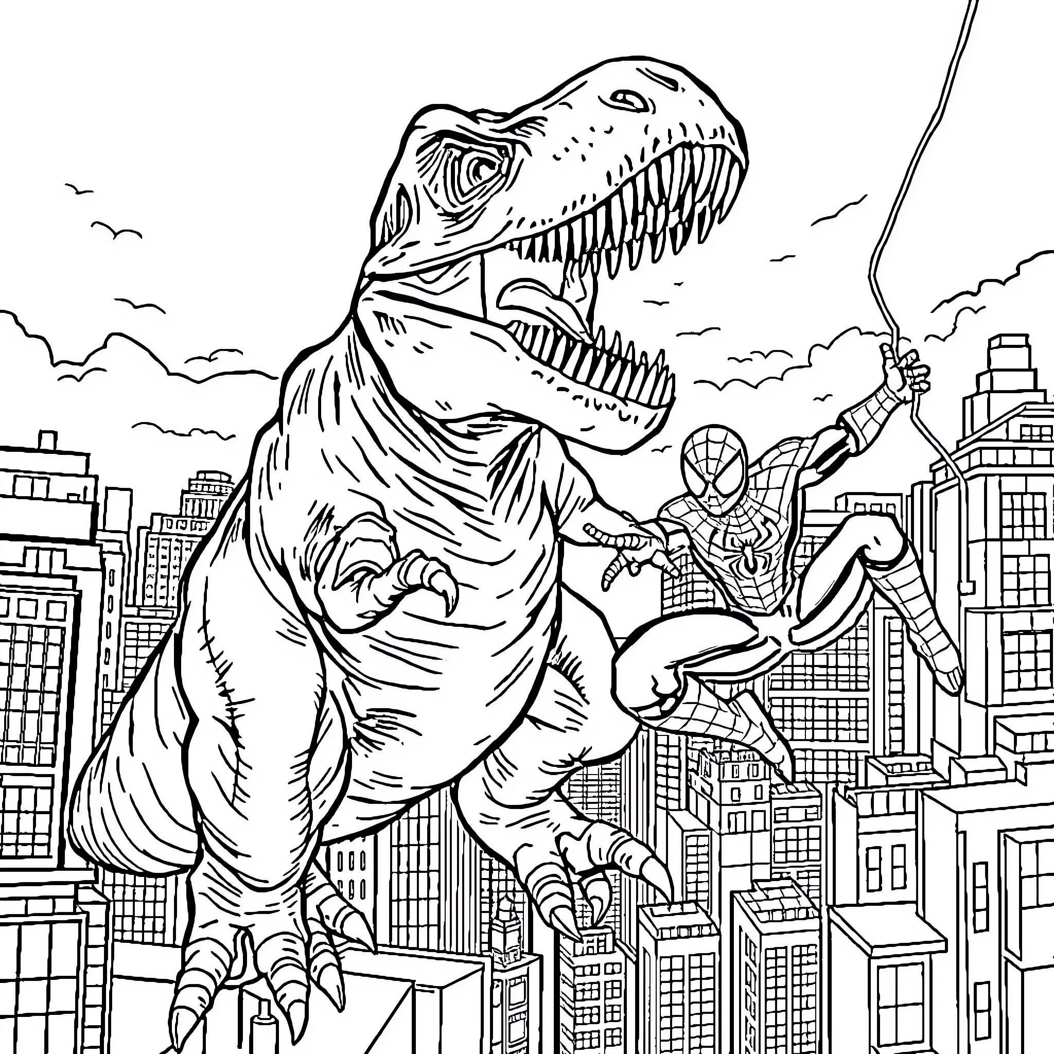 T-Rex Battles Superhero in Cityscape Coloring Page (free black-and-white line drawing printable PDF for all, from beginners to advanced learners, including children, teens, adults, and seniors)