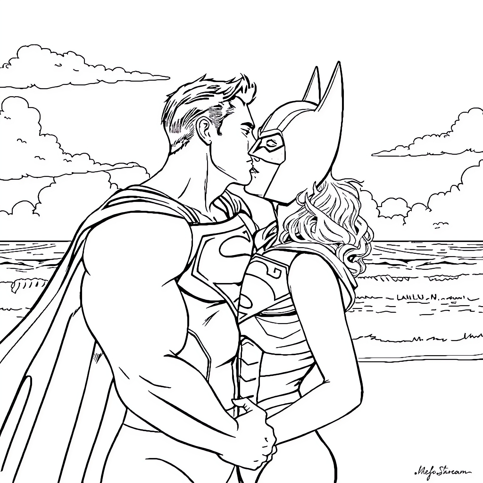 Superman embracing Batwoman in romantic scene Coloring Page (free black-and-white line drawing printable PDF for all, from beginners to advanced learners, including children, teens, adults, and seniors)