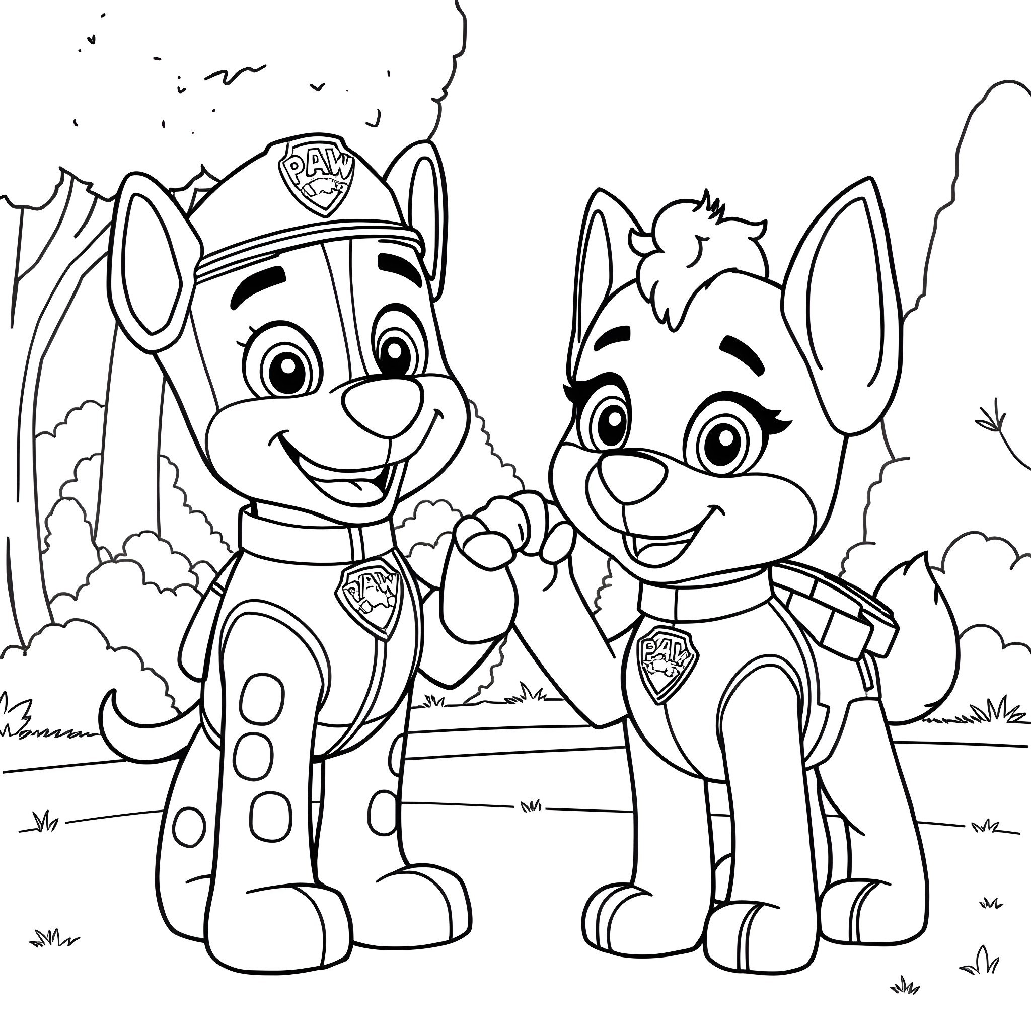 Marshall and Skye on Duty Coloring Page (free black-and-white line drawing printable PDF for all, from beginners to advanced learners, including children, teens, adults, and seniors)