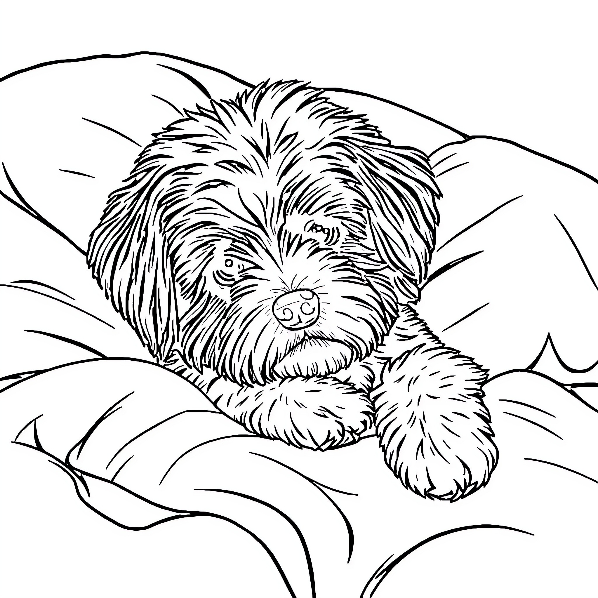 Havanese dog relaxing comfortably on soft bedding Coloring Page (free black-and-white line drawing printable PDF for all, from beginners to advanced learners, including children, teens, adults, and seniors)