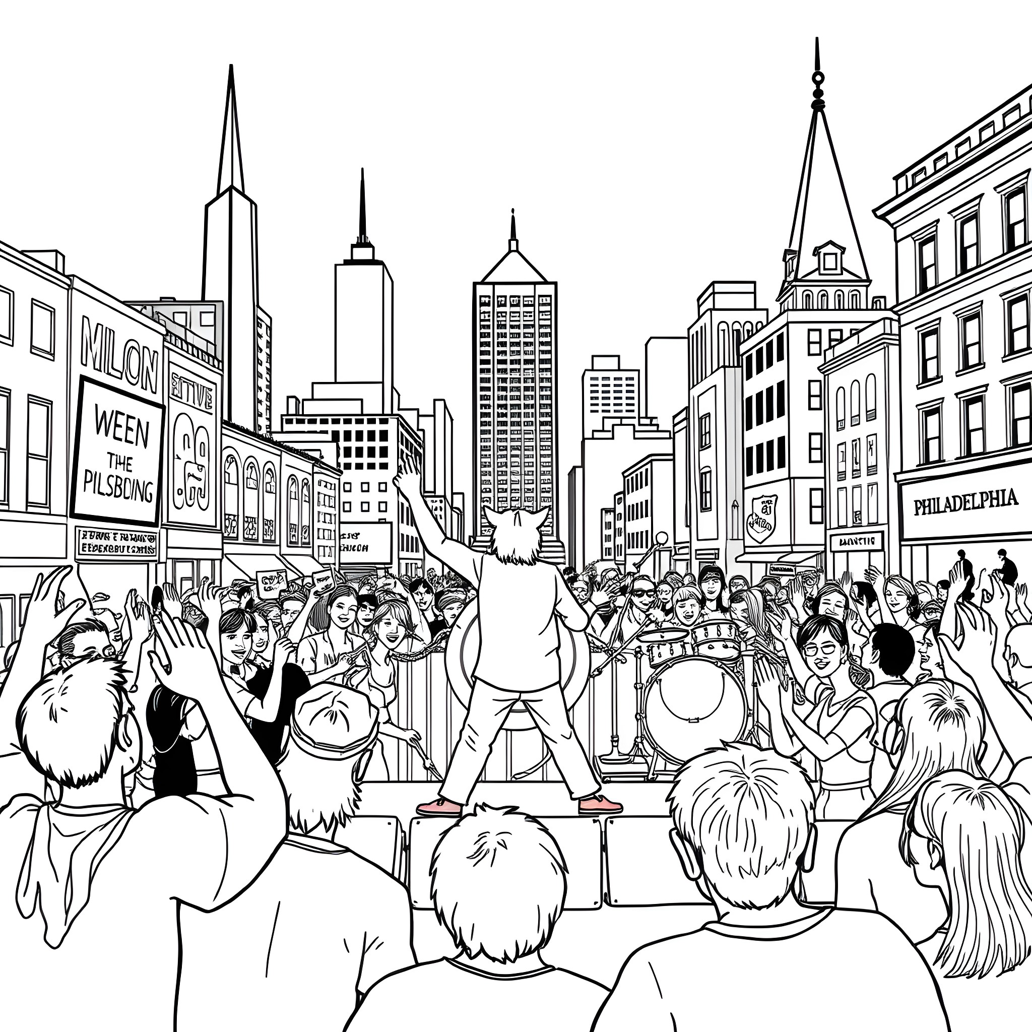 Ween performing on a crowded city street Coloring Page (free black-and-white line drawing printable PDF for all, from beginners to advanced learners, including children, teens, adults, and seniors)