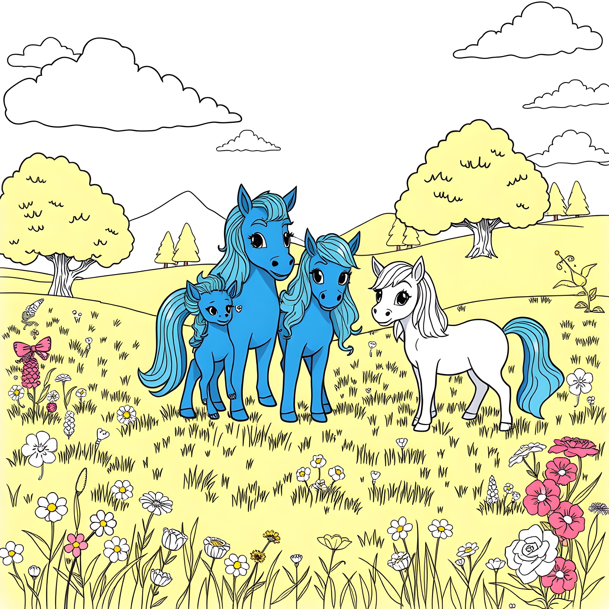 Bluey and friends explore the vibrant meadow Coloring Page (free black-and-white line drawing printable PDF for all, from beginners to advanced learners, including children, teens, adults, and seniors)