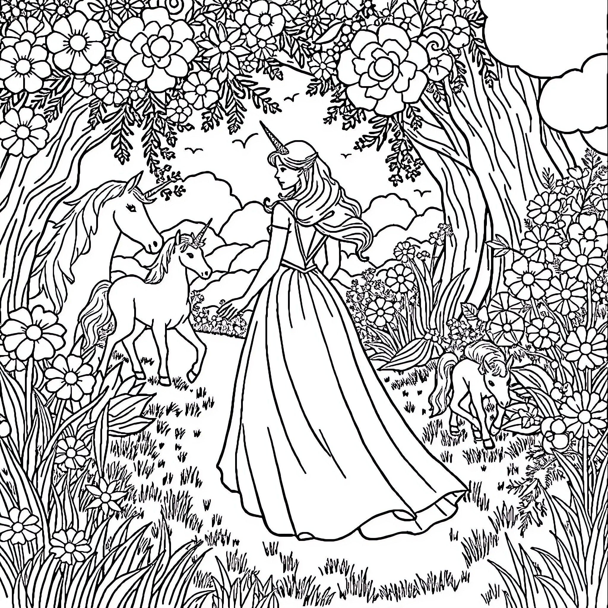 Princess in a Floral Wonderland with Unicorn Coloring Page (free black-and-white line drawing printable PDF for all, from beginners to advanced learners, including children, teens, adults, and seniors)