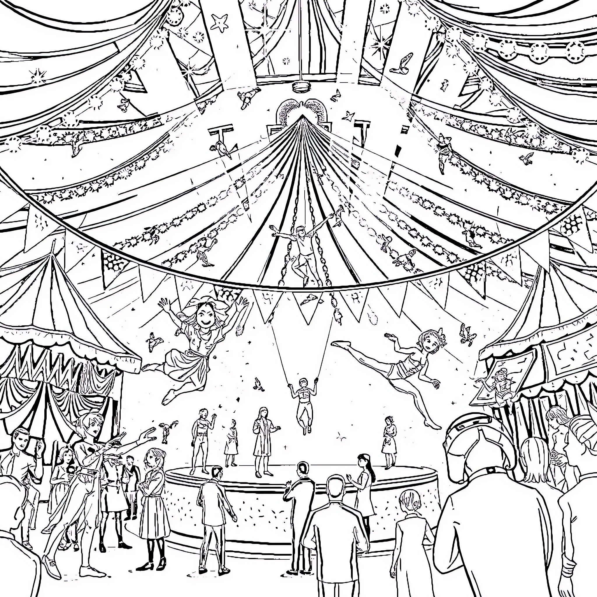 Circus of Wondrous Performers and Decorations Coloring Page (free black-and-white line drawing printable PDF for all, from beginners to advanced learners, including children, teens, adults, and seniors)