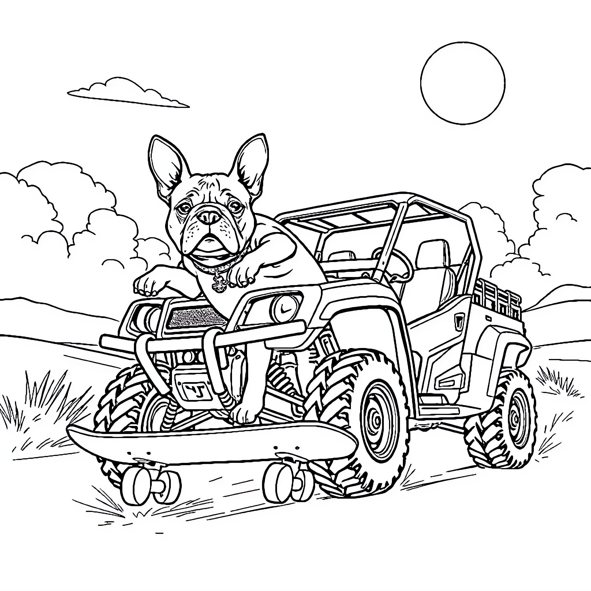 French Bulldog riding an off-road vehicle Coloring Page (free black-and-white line drawing printable PDF for all, from beginners to advanced learners, including children, teens, adults, and seniors)