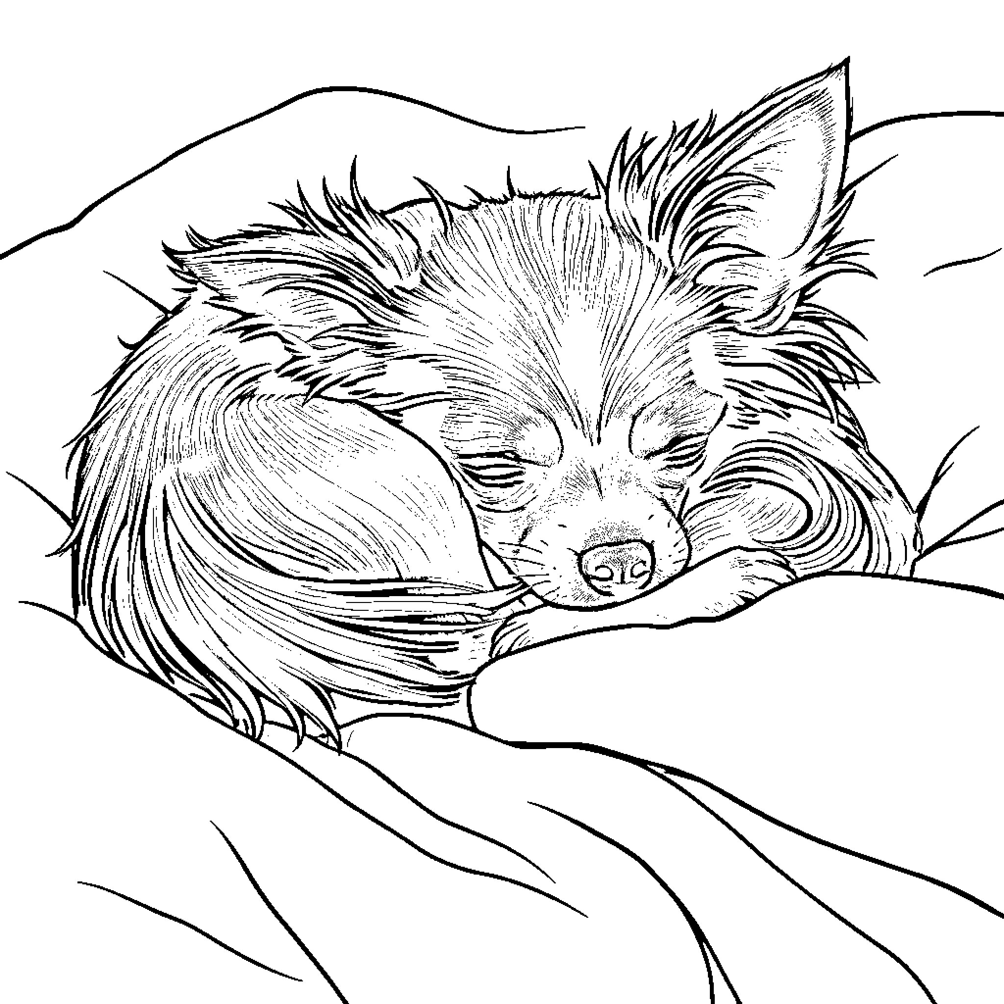 Chihuahua sleeping peacefully in cozy surroundings Coloring Page (free black-and-white line drawing printable PDF for all, from beginners to advanced learners, including children, teens, adults, and seniors)