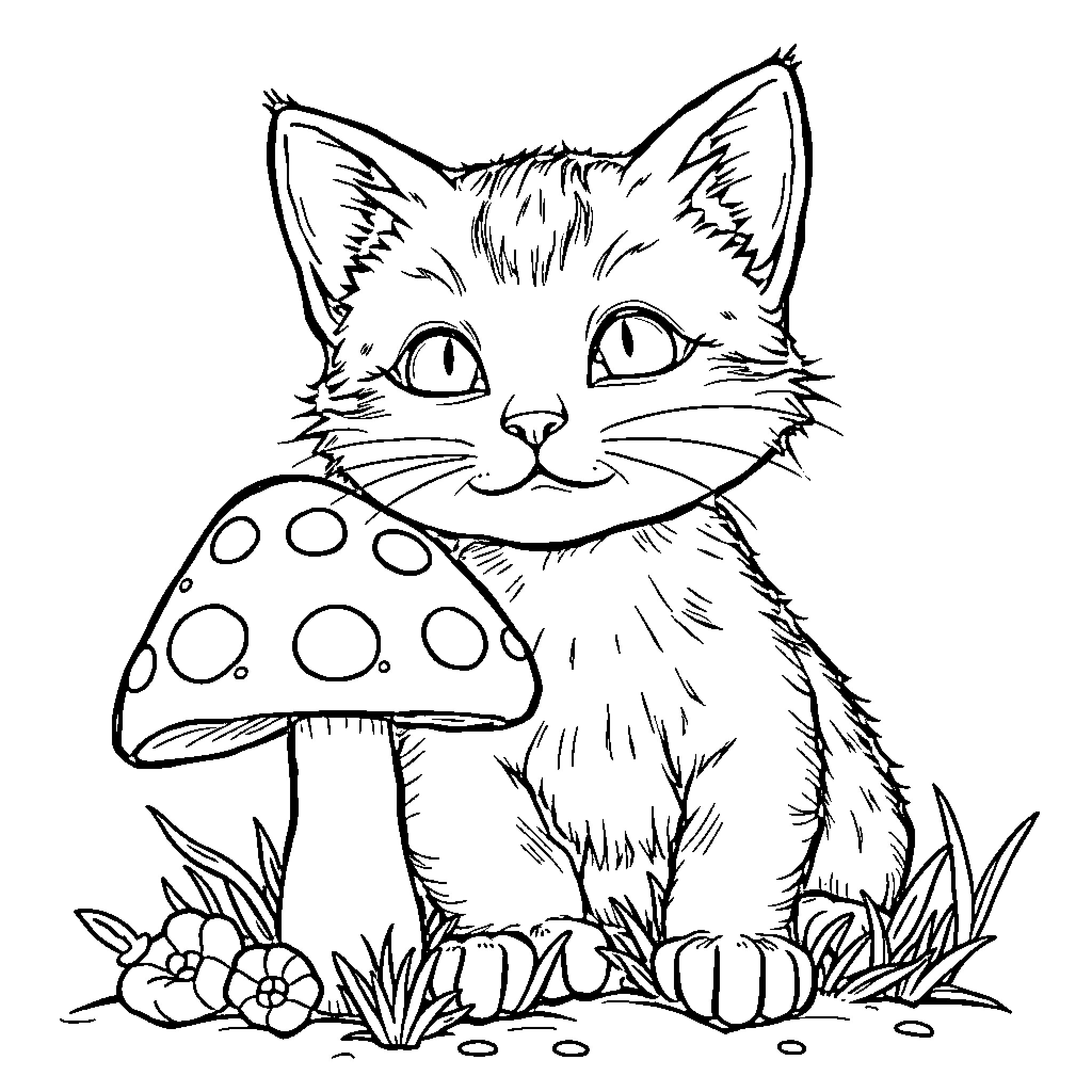 Cat with mushroom in flower garden Coloring Page (free black-and-white line drawing printable PDF for all, from beginners to advanced learners, including children, teens, adults, and seniors)
