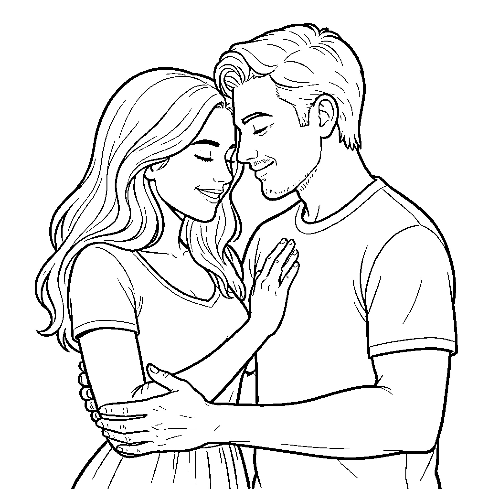 Wife's Tender Embrace with Loving Companion Coloring Page (free black-and-white line drawing printable PDF for all, from beginners to advanced learners, including children, teens, adults, and seniors)