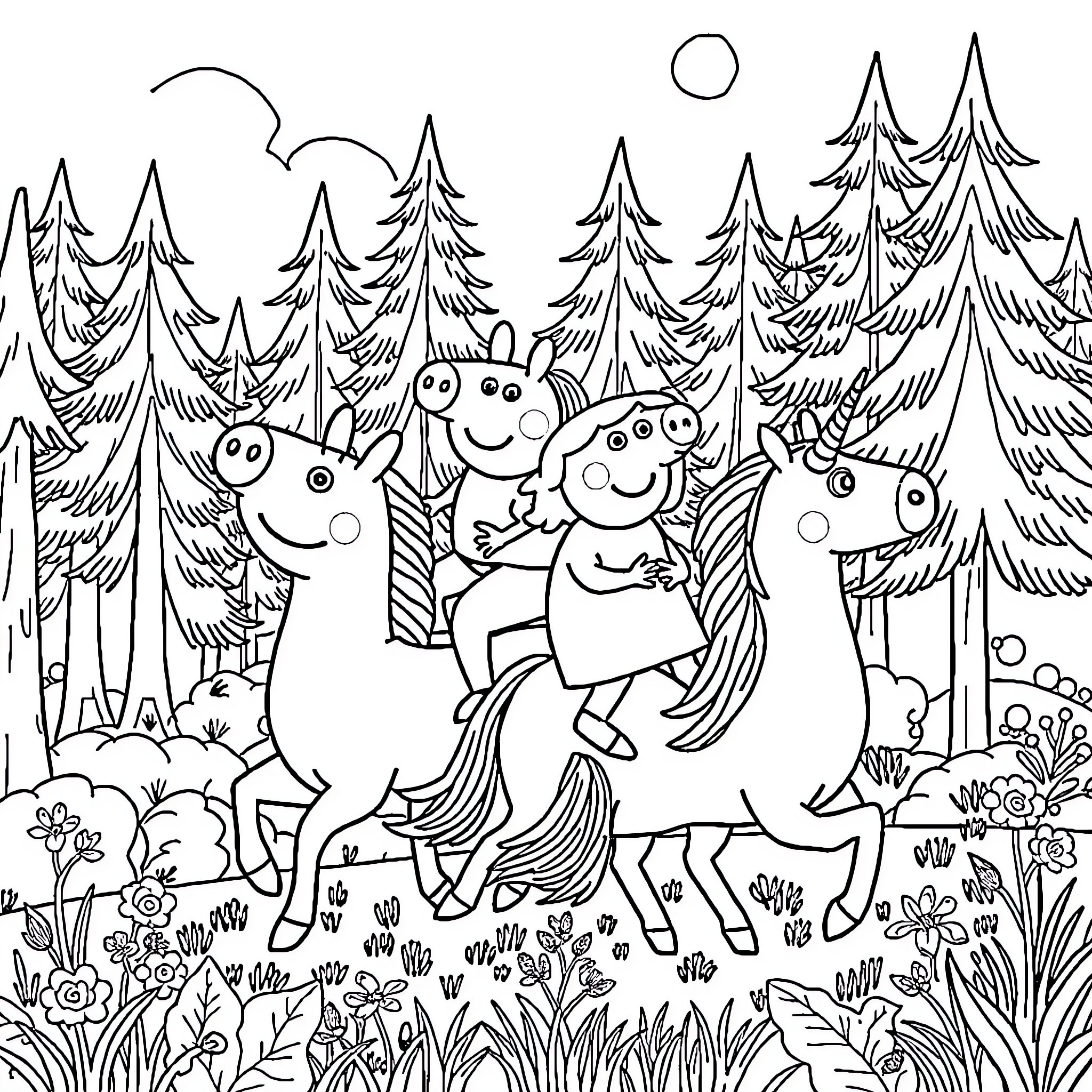 Unicorn family enjoying a nature adventure Coloring Page (free black-and-white line drawing printable PDF for all, from beginners to advanced learners, including children, teens, adults, and seniors)