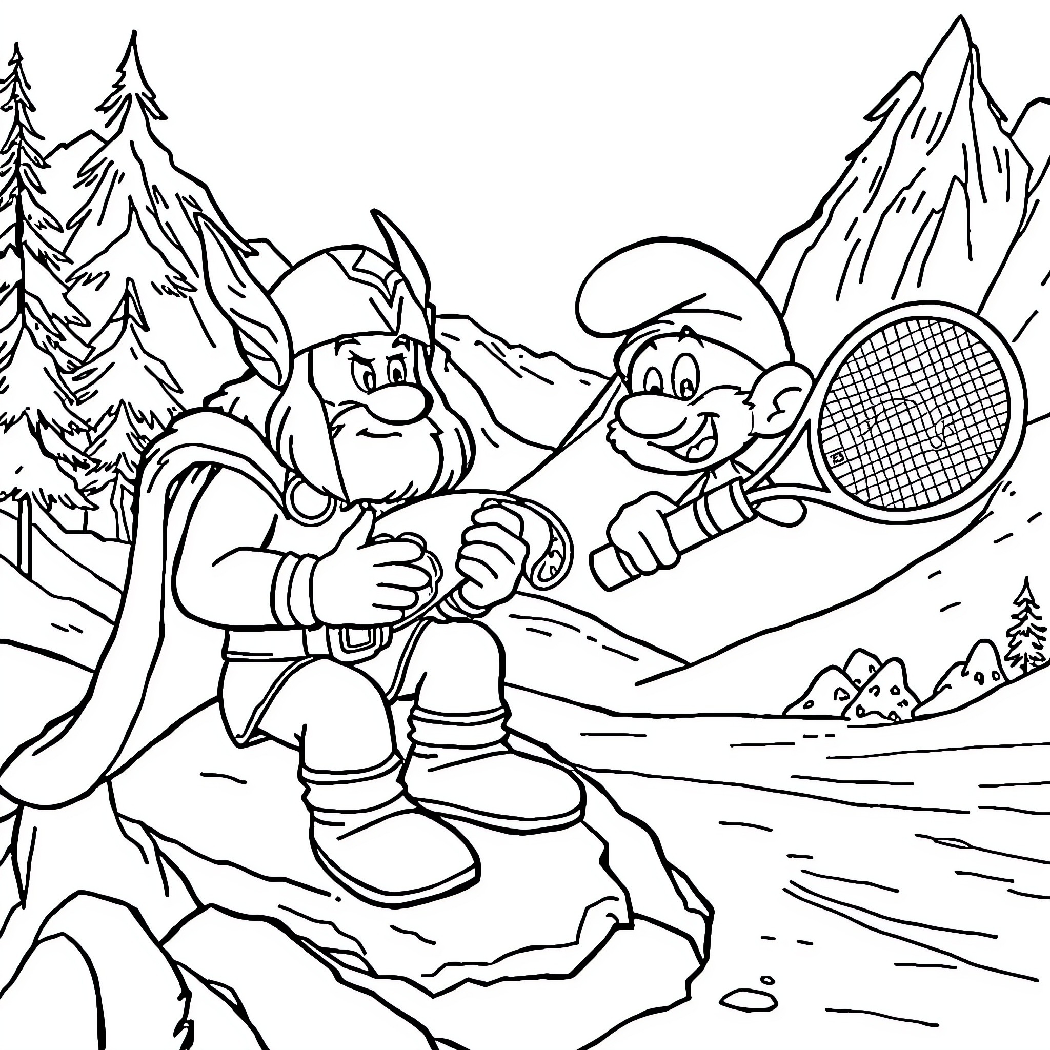 Thor's Winter Sports Adventure with Companion Coloring Page (free black-and-white line drawing printable PDF for all, from beginners to advanced learners, including children, teens, adults, and seniors)