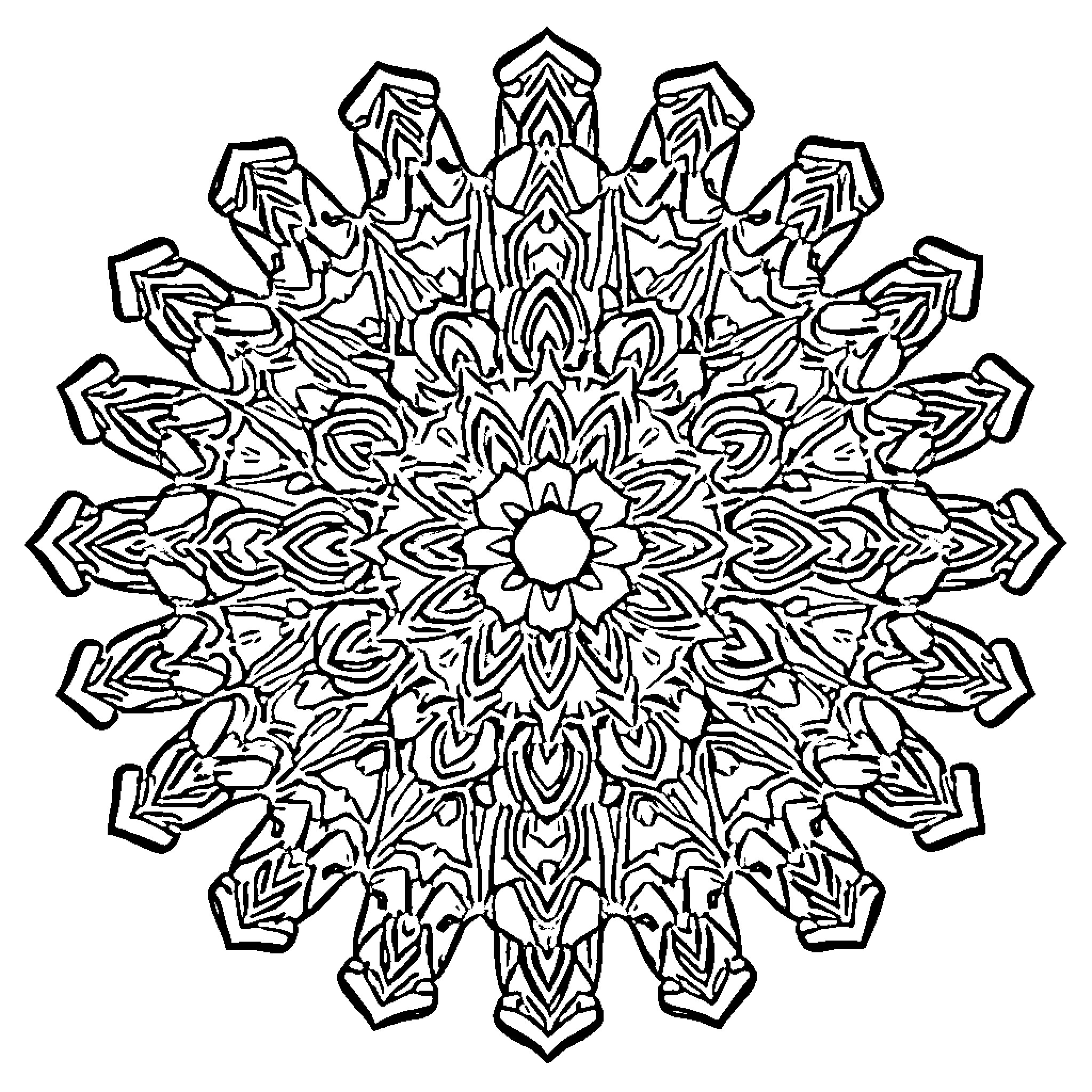 Mandala of intricate symmetrical patterns Coloring Page (free black-and-white line drawing printable PDF for all, from beginners to advanced learners, including children, teens, adults, and seniors)