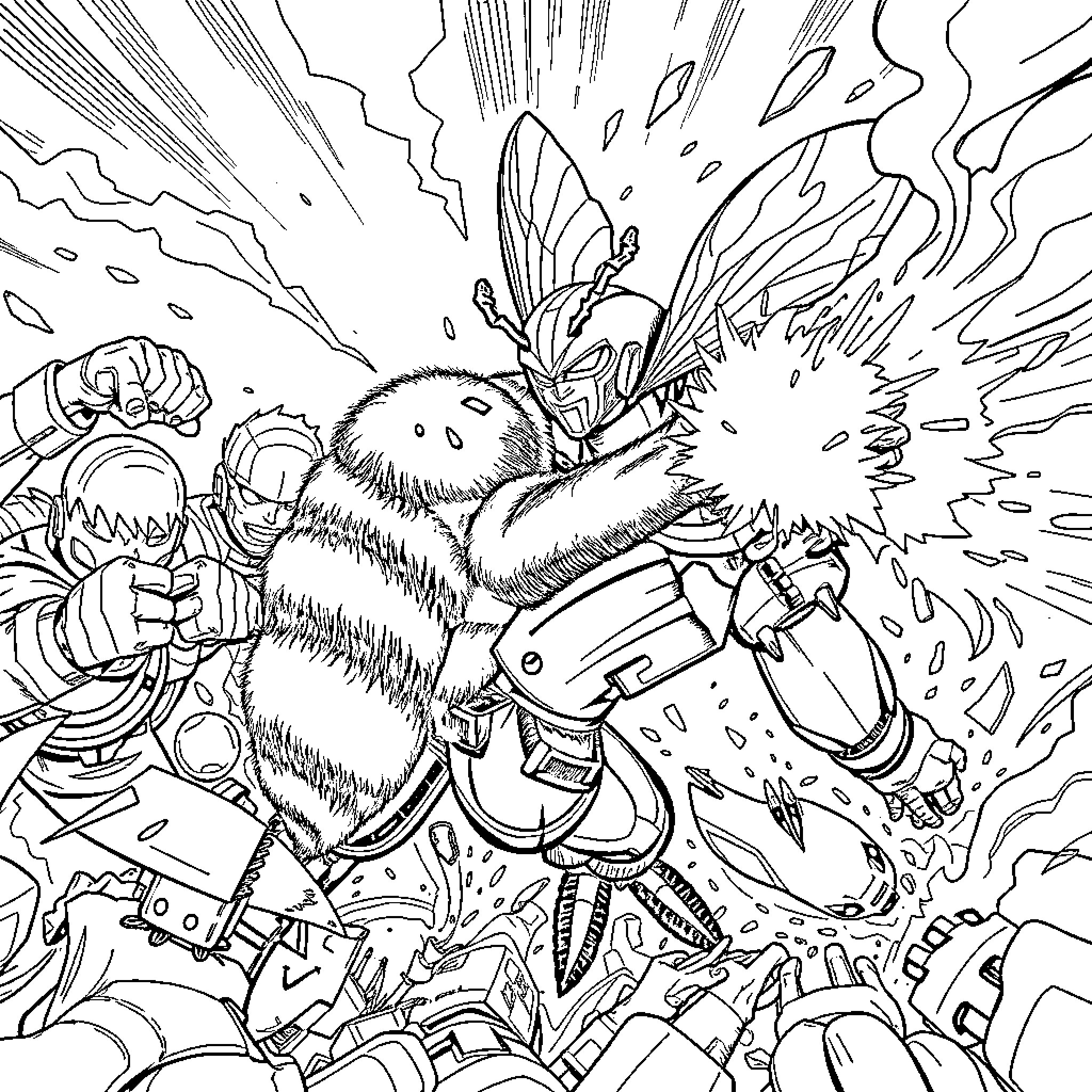 Bumblebee hero battling against mysterious forces Coloring Page (free black-and-white line drawing printable PDF for all, from beginners to advanced learners, including children, teens, adults, and seniors)