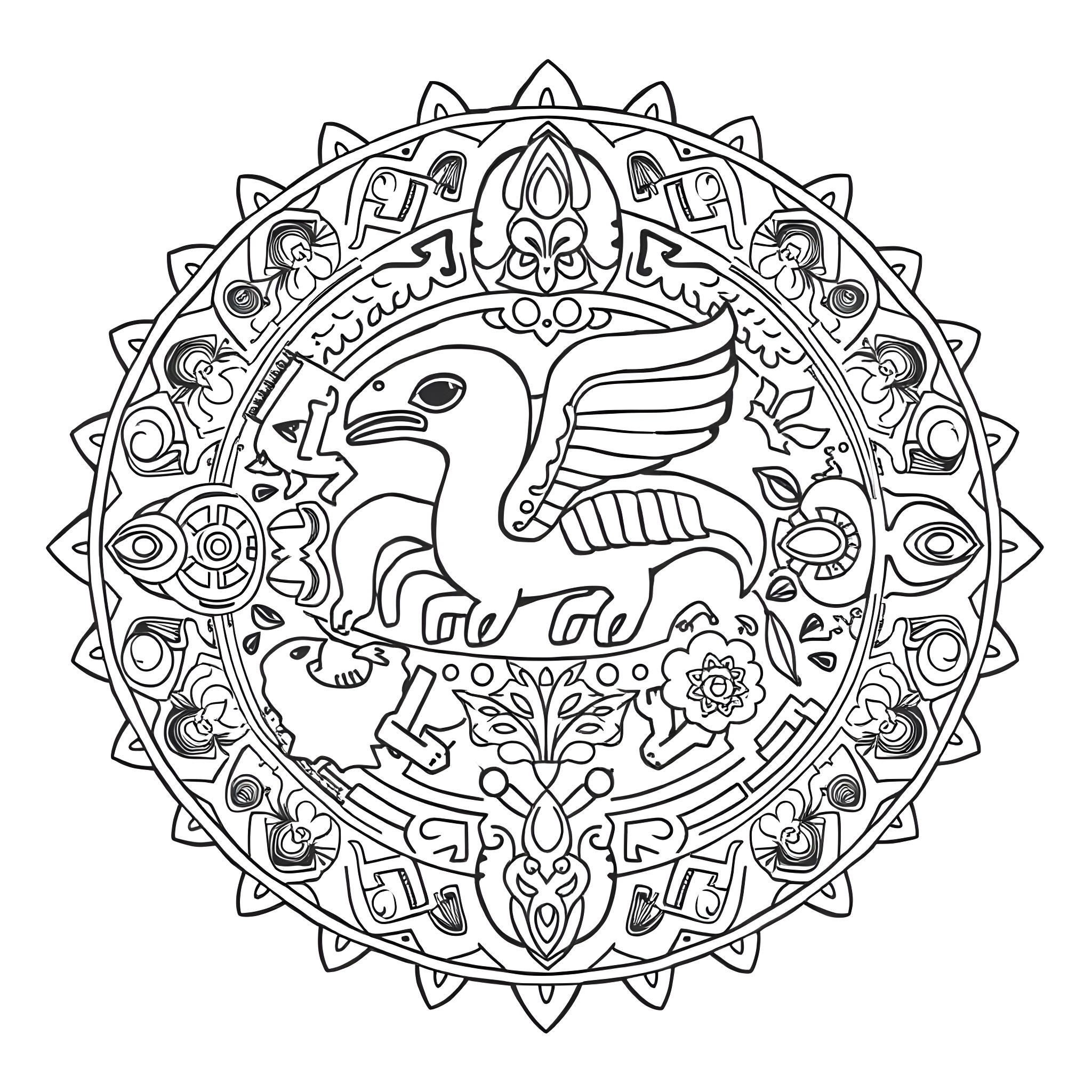 Button Blanket with Ornate Mythical Creature Design Coloring Page (free black-and-white line drawing printable PDF for all, from beginners to advanced learners, including children, teens, adults, and seniors)