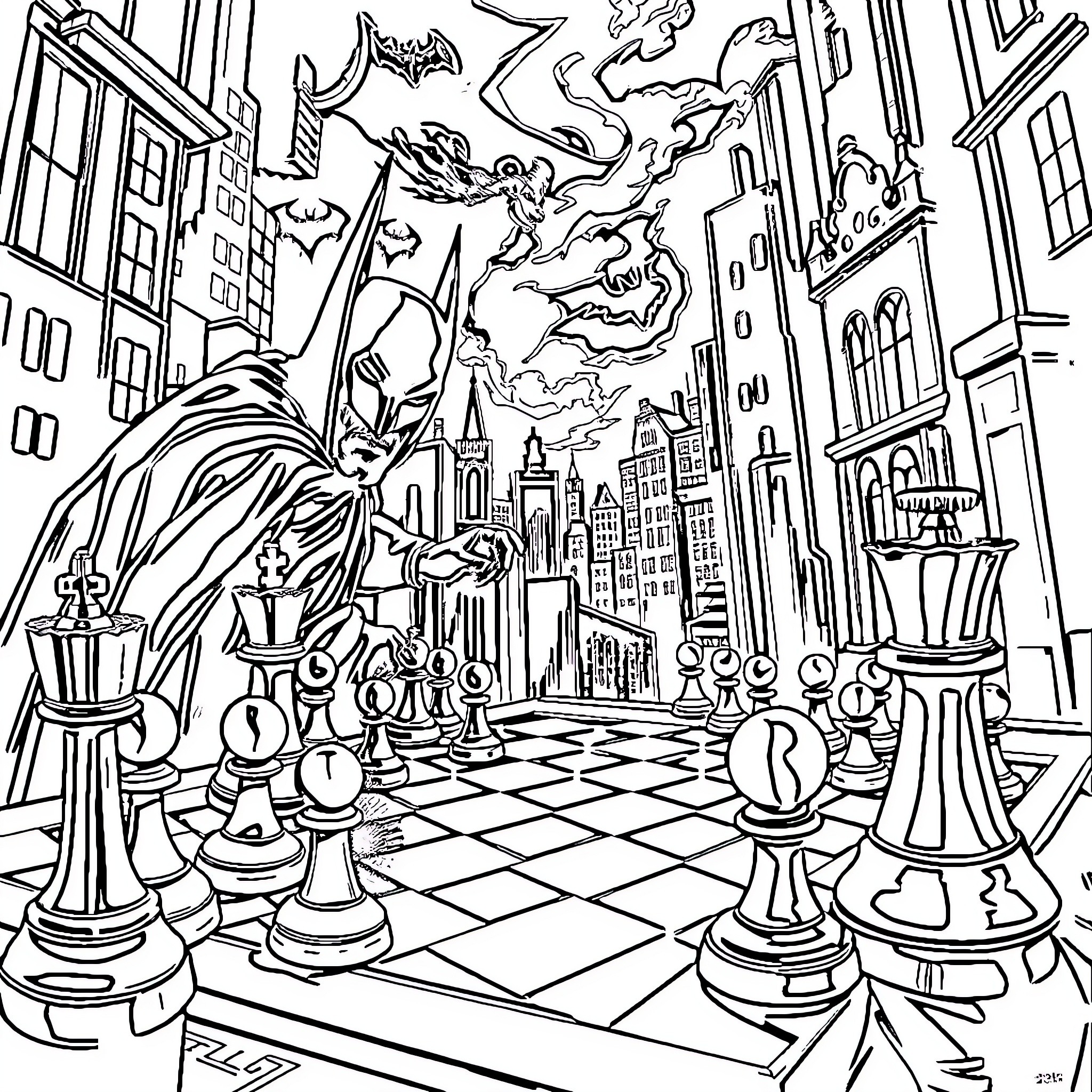 Gothamchess: Superhero in a Cityscape Chessboard Coloring Page (free black-and-white line drawing printable PDF for all, from beginners to advanced learners, including children, teens, adults, and seniors)