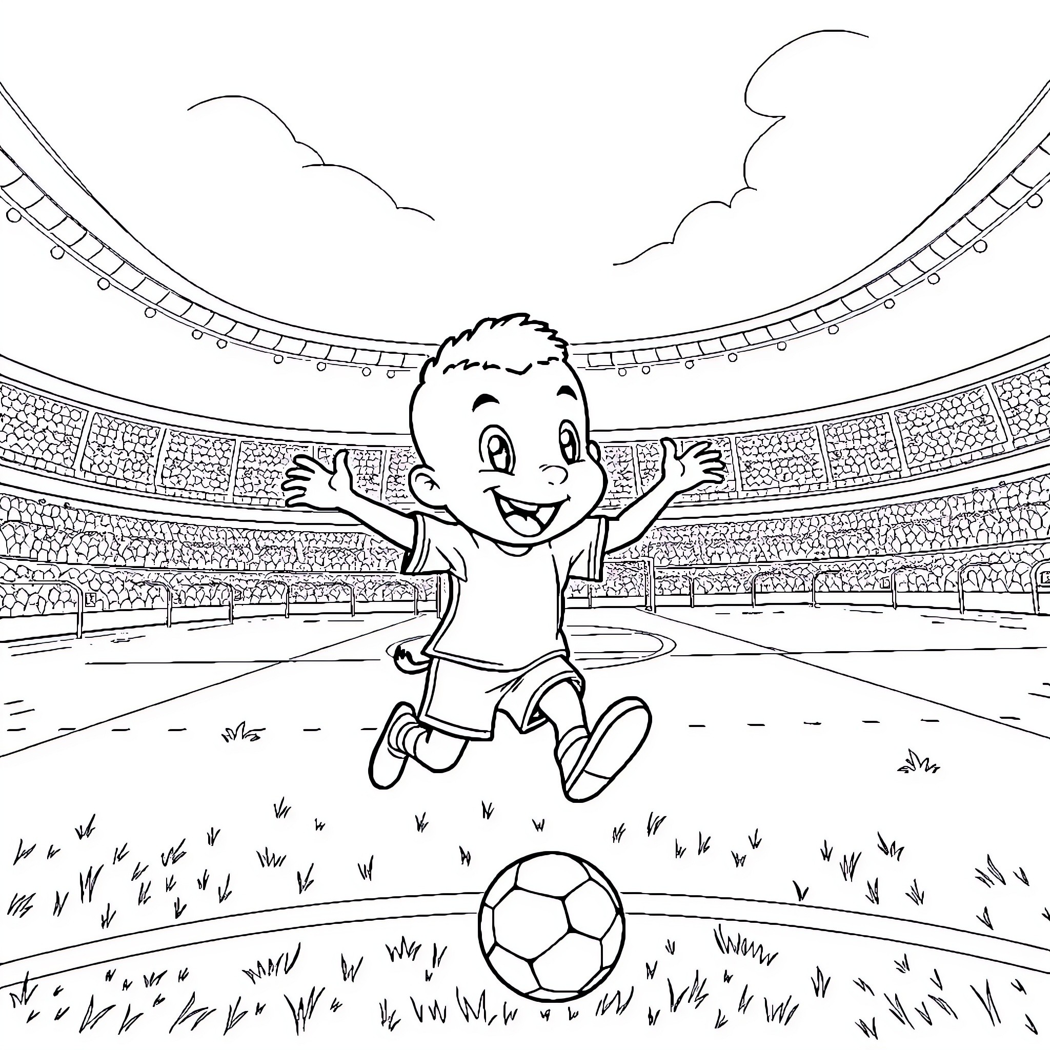Labubu's Joyful Football Adventure in the Stadium Coloring Page (free black-and-white line drawing printable PDF for all, from beginners to advanced learners, including children, teens, adults, and seniors)