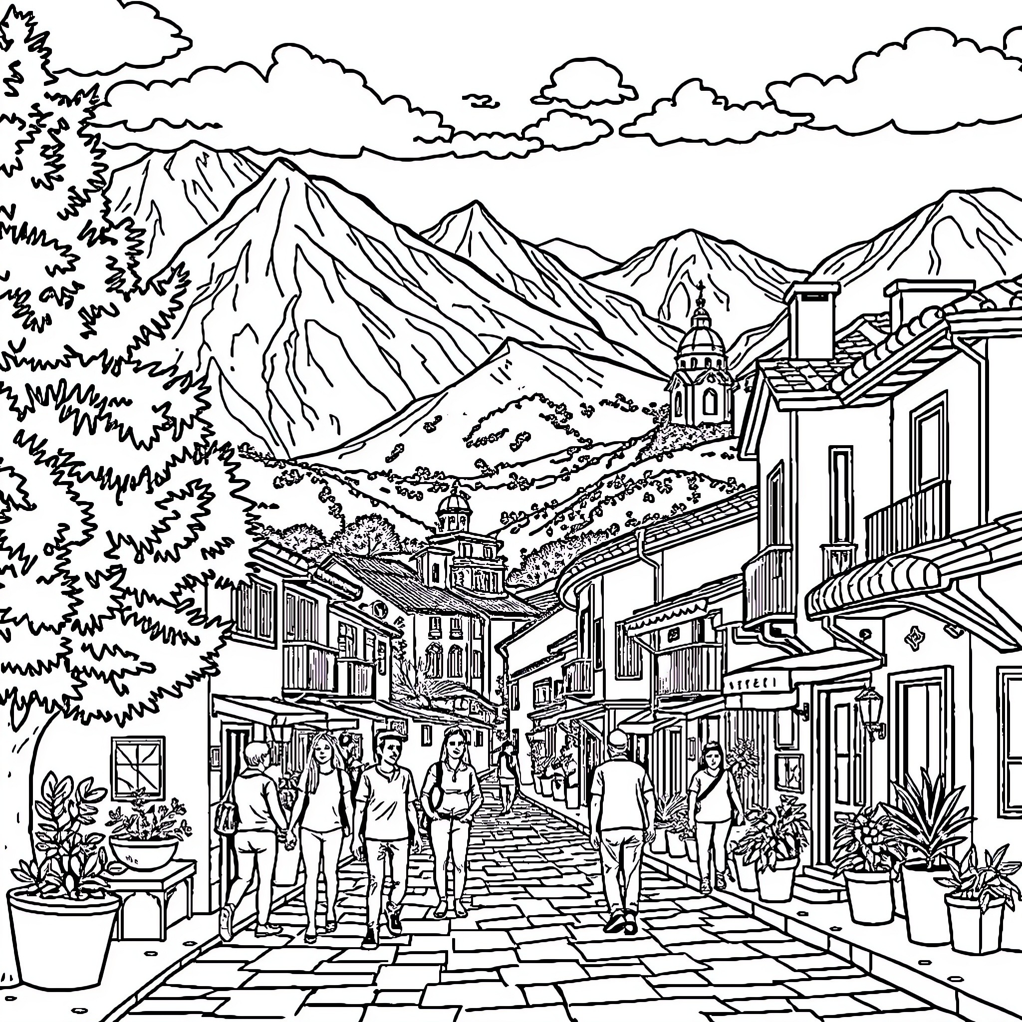 Madrera: Bustling mountain town scene with people and architecture Coloring Page (free black-and-white line drawing printable PDF for all, from beginners to advanced learners, including children, teens, adults, and seniors)