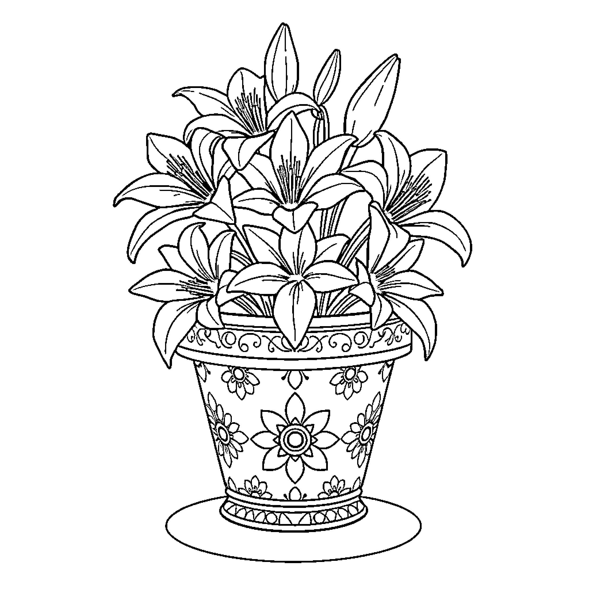 Lily flowers blooming in a decorative pot Coloring Page (free black-and-white line drawing printable PDF for all, from beginners to advanced learners, including children, teens, adults, and seniors)
