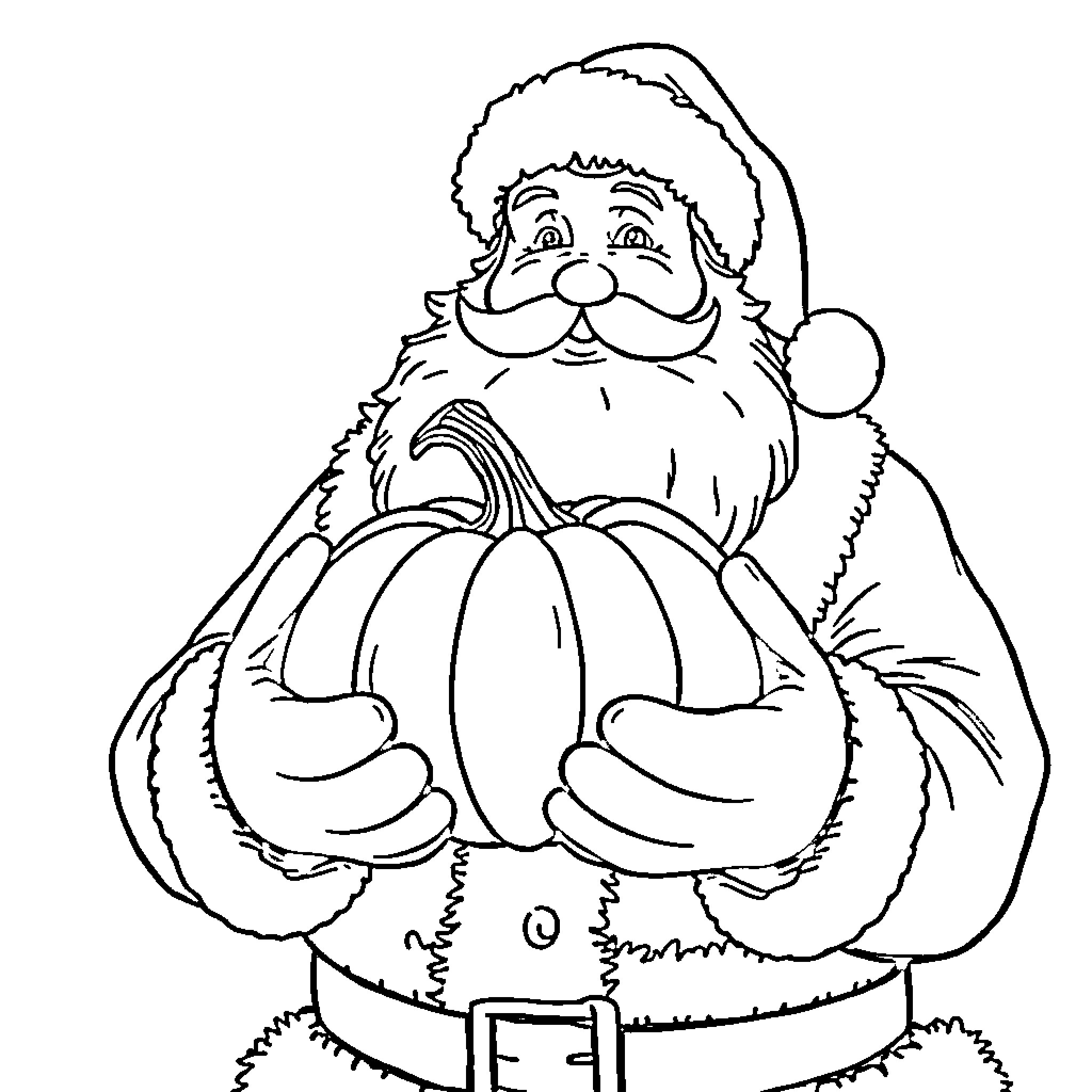Santa holding a pumpkin with joy Coloring Page (free black-and-white line drawing printable PDF for all, from beginners to advanced learners, including children, teens, adults, and seniors)