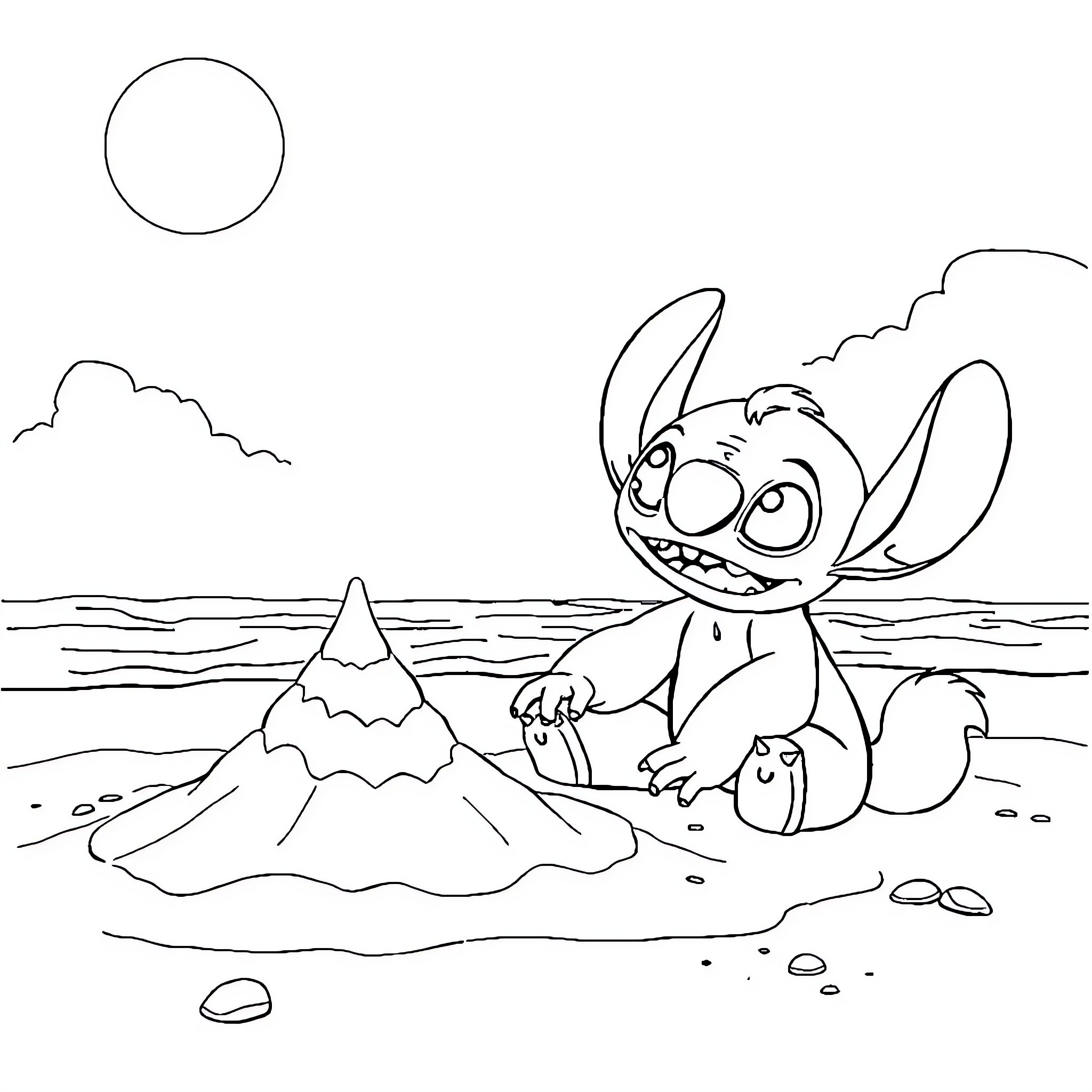 Stitch building a sandcastle on the beach Coloring Page (free black-and-white line drawing printable PDF for all, from beginners to advanced learners, including children, teens, adults, and seniors)