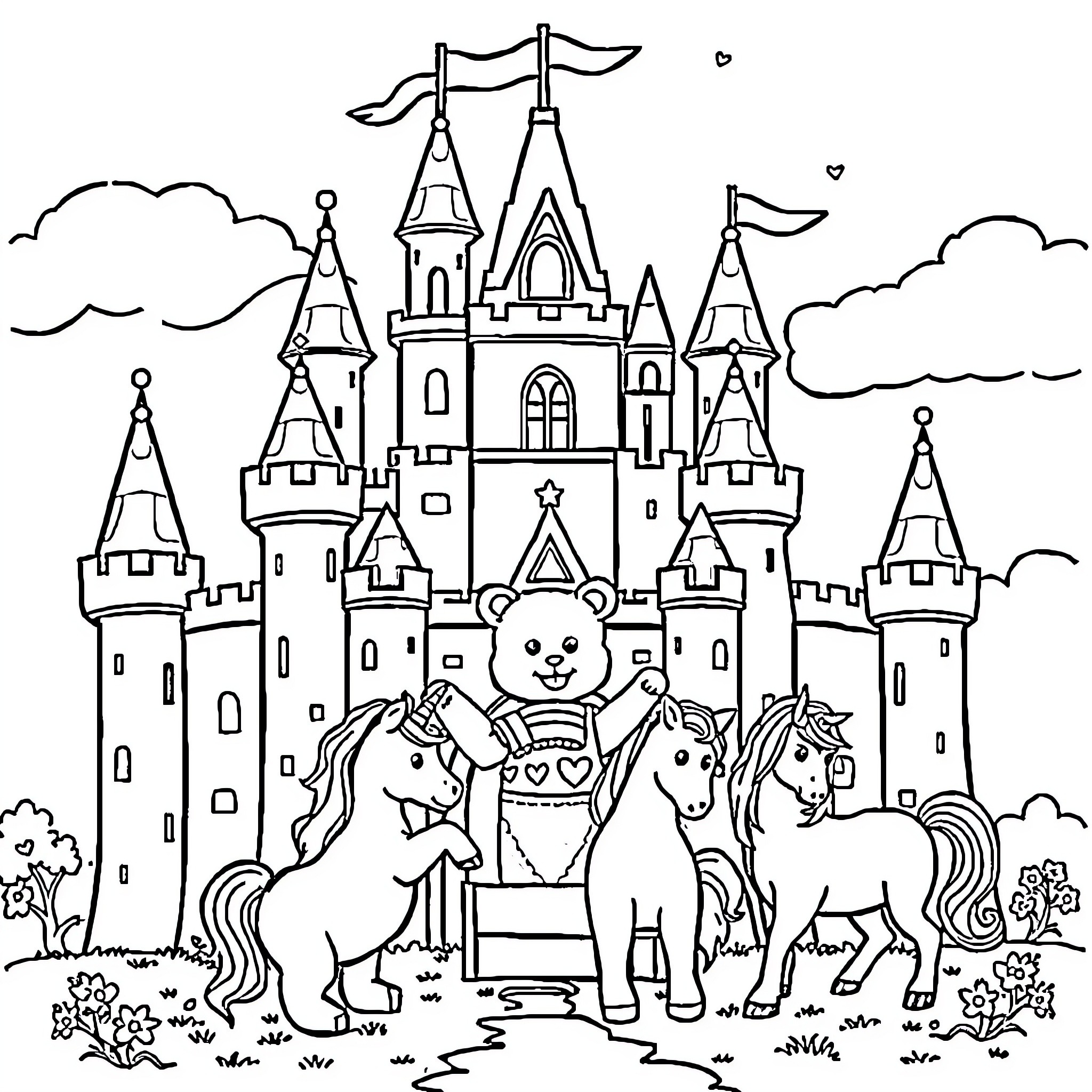 Gummy Bear explores a whimsical castle and its magical creatures Coloring Page (free black-and-white line drawing printable PDF for all, from beginners to advanced learners, including children, teens, adults, and seniors)