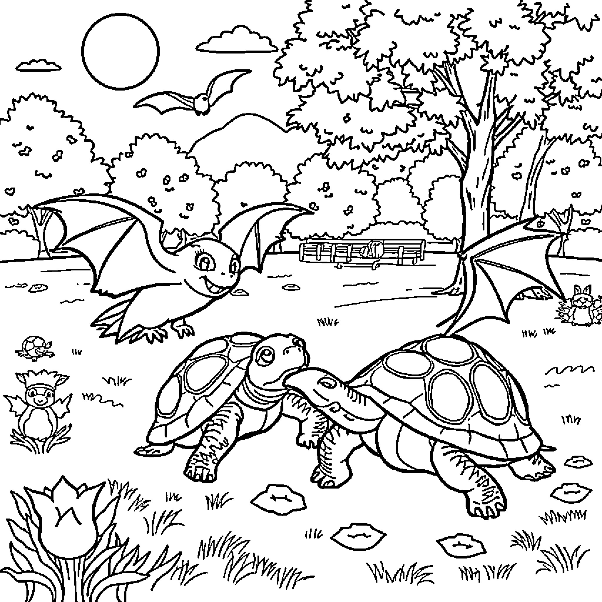 Bat creatures frolicking in the wild outdoors Coloring Page (free black-and-white line drawing printable PDF for all, from beginners to advanced learners, including children, teens, adults, and seniors)