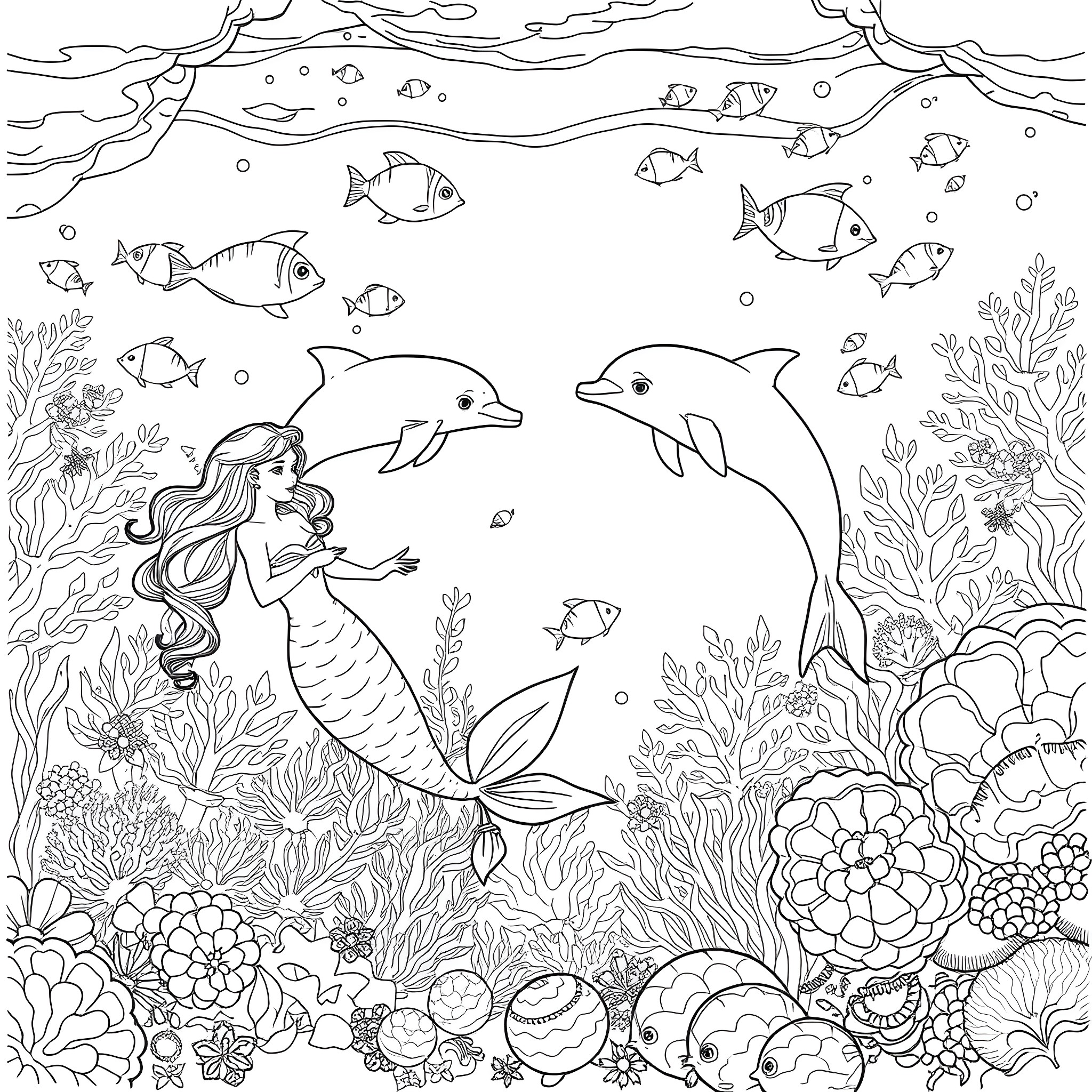 Mermaid interacting with dolphins and marine life Coloring Page (free black-and-white line drawing printable PDF for all, from beginners to advanced learners, including children, teens, adults, and seniors)