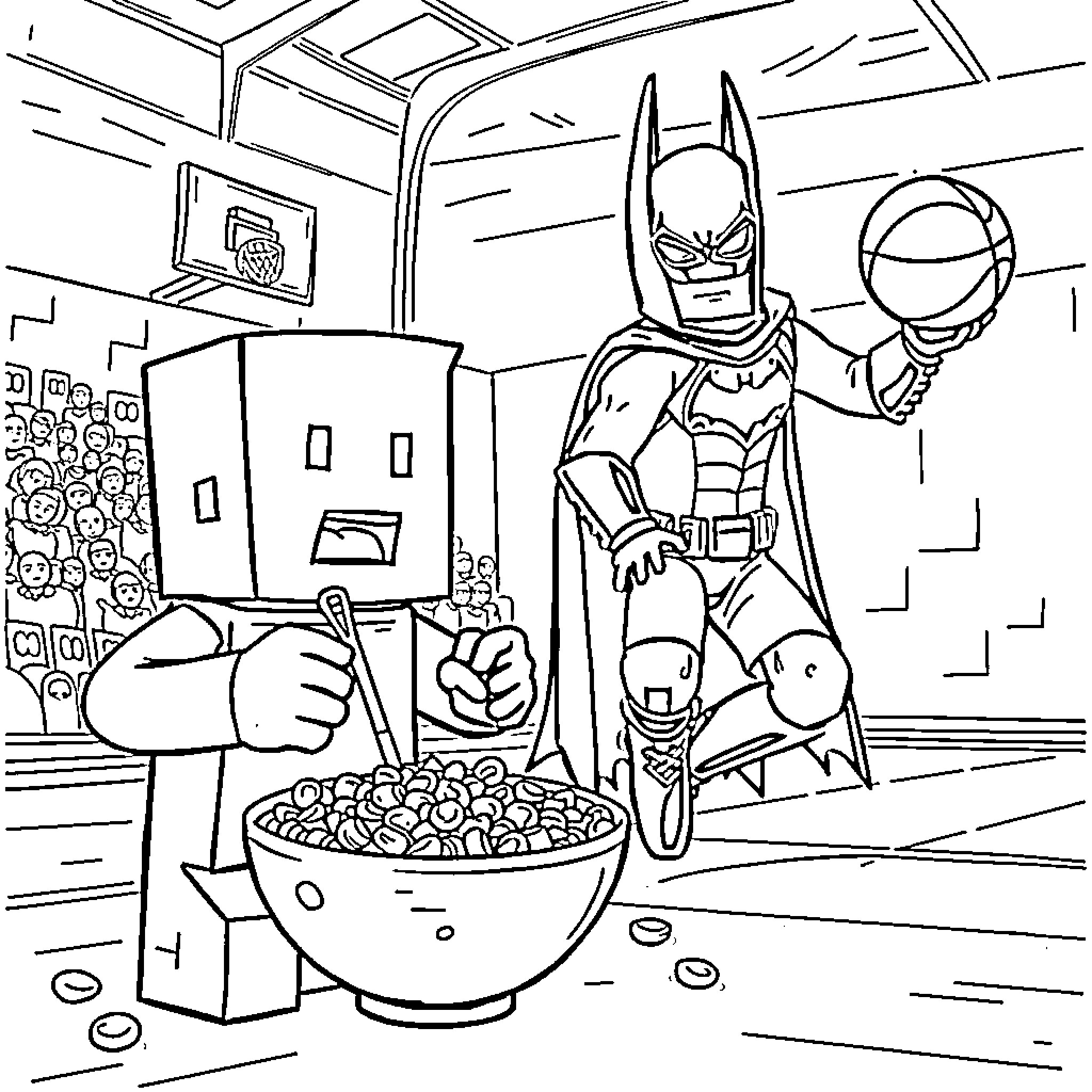 Minecraft Batman collecting cereal in the kitchen Coloring Page (free black-and-white line drawing printable PDF for all, from beginners to advanced learners, including children, teens, adults, and seniors)