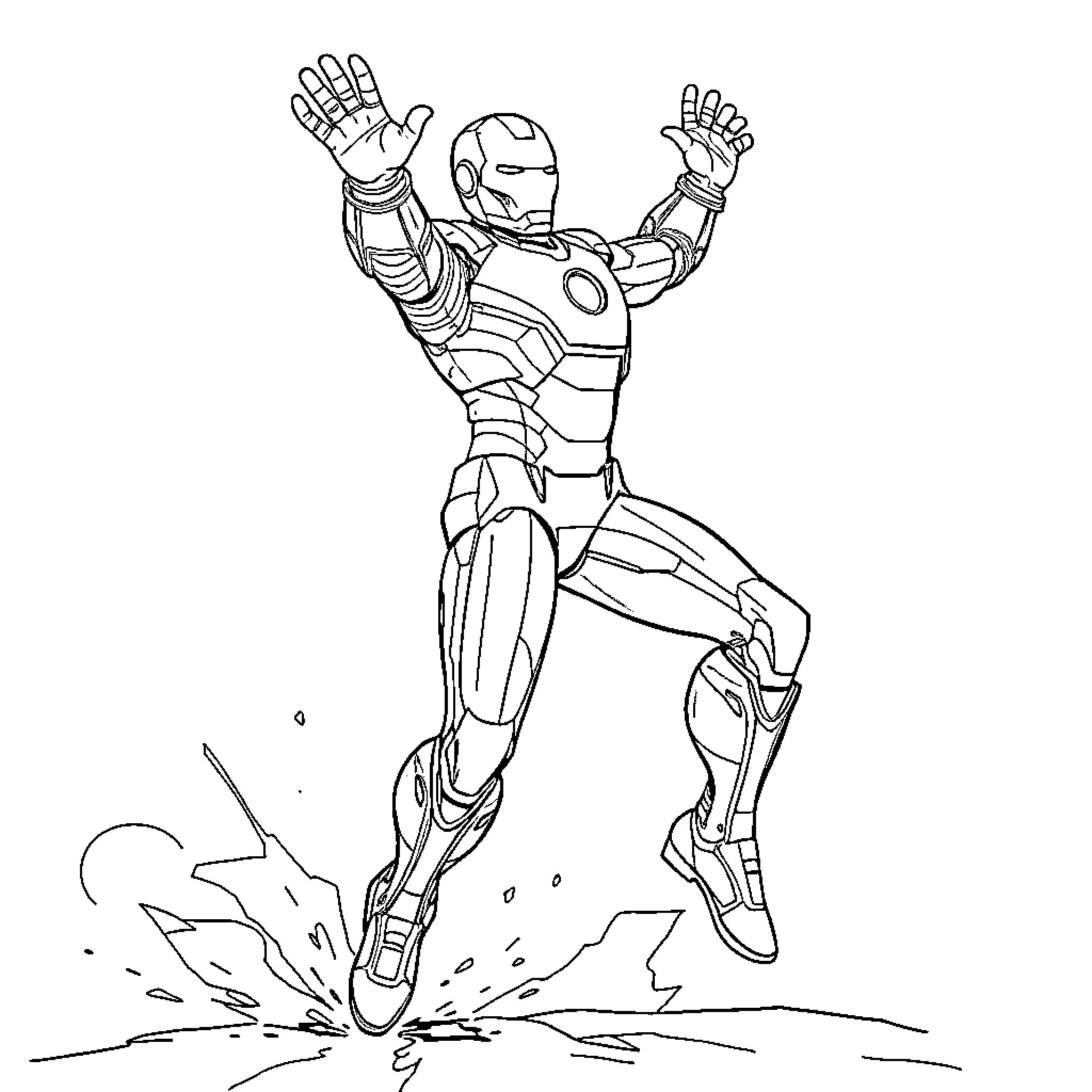 Ironman in heroic action pose Coloring Page (free black-and-white line drawing printable PDF for all, from beginners to advanced learners, including children, teens, adults, and seniors)