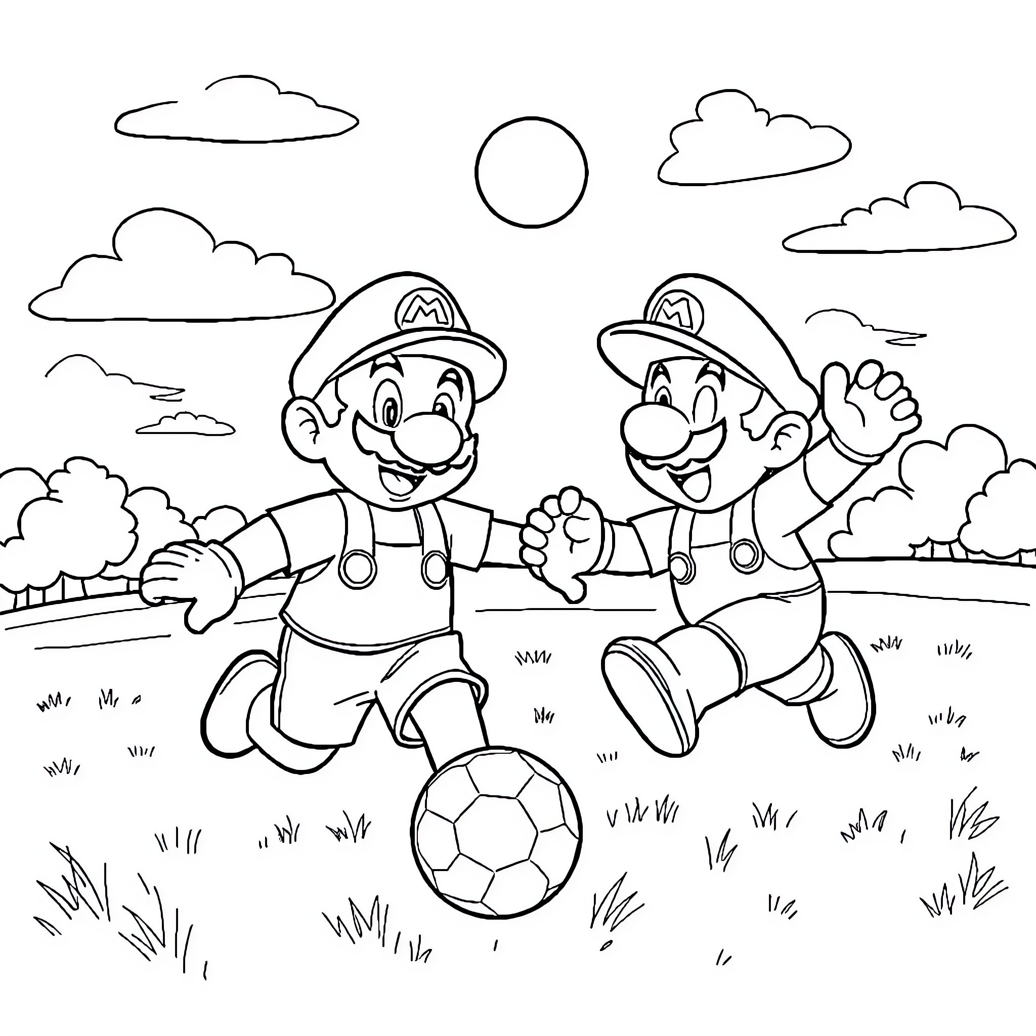 Bluey and friends playing soccer in the park Coloring Page (free black-and-white line drawing printable PDF for all, from beginners to advanced learners, including children, teens, adults, and seniors)