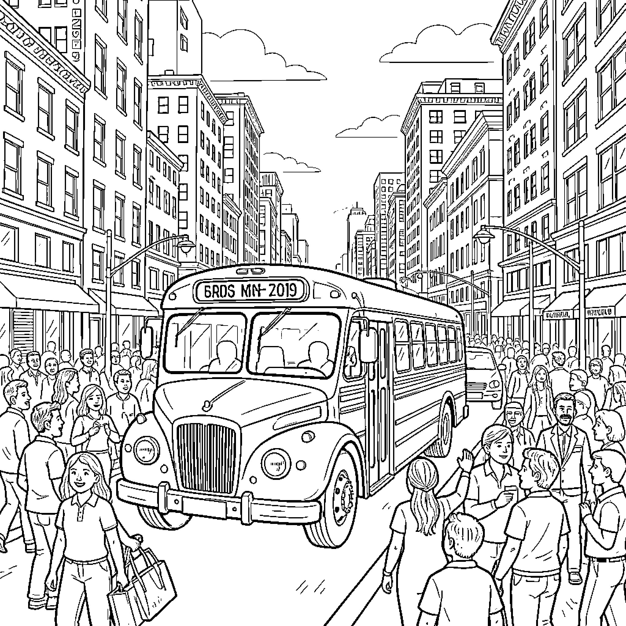 Bus driving through a busy crowded city street Coloring Page (free black-and-white line drawing printable PDF for all, from beginners to advanced learners, including children, teens, adults, and seniors)
