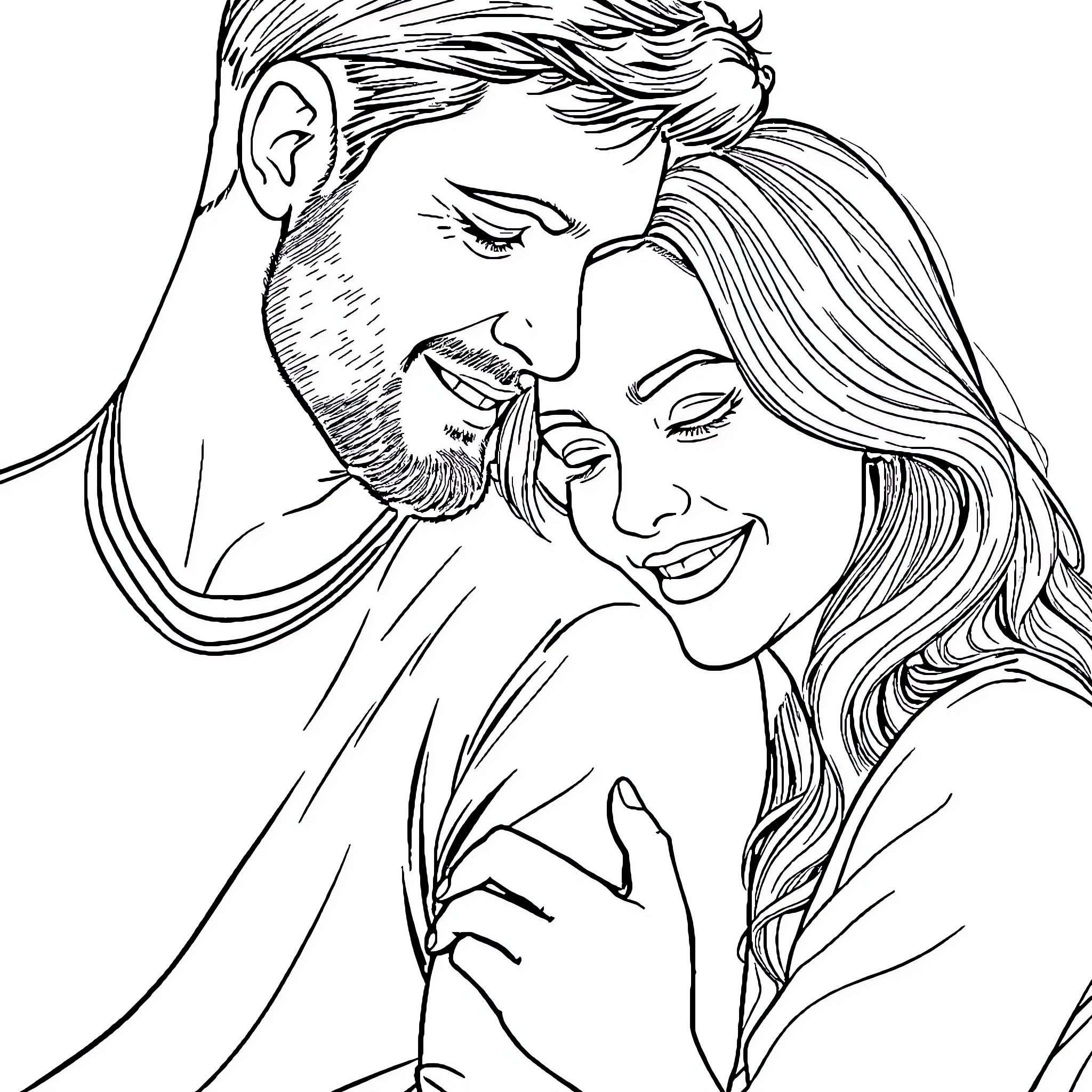Wife embracing her husband lovingly Coloring Page (free black-and-white line drawing printable PDF for all, from beginners to advanced learners, including children, teens, adults, and seniors)
