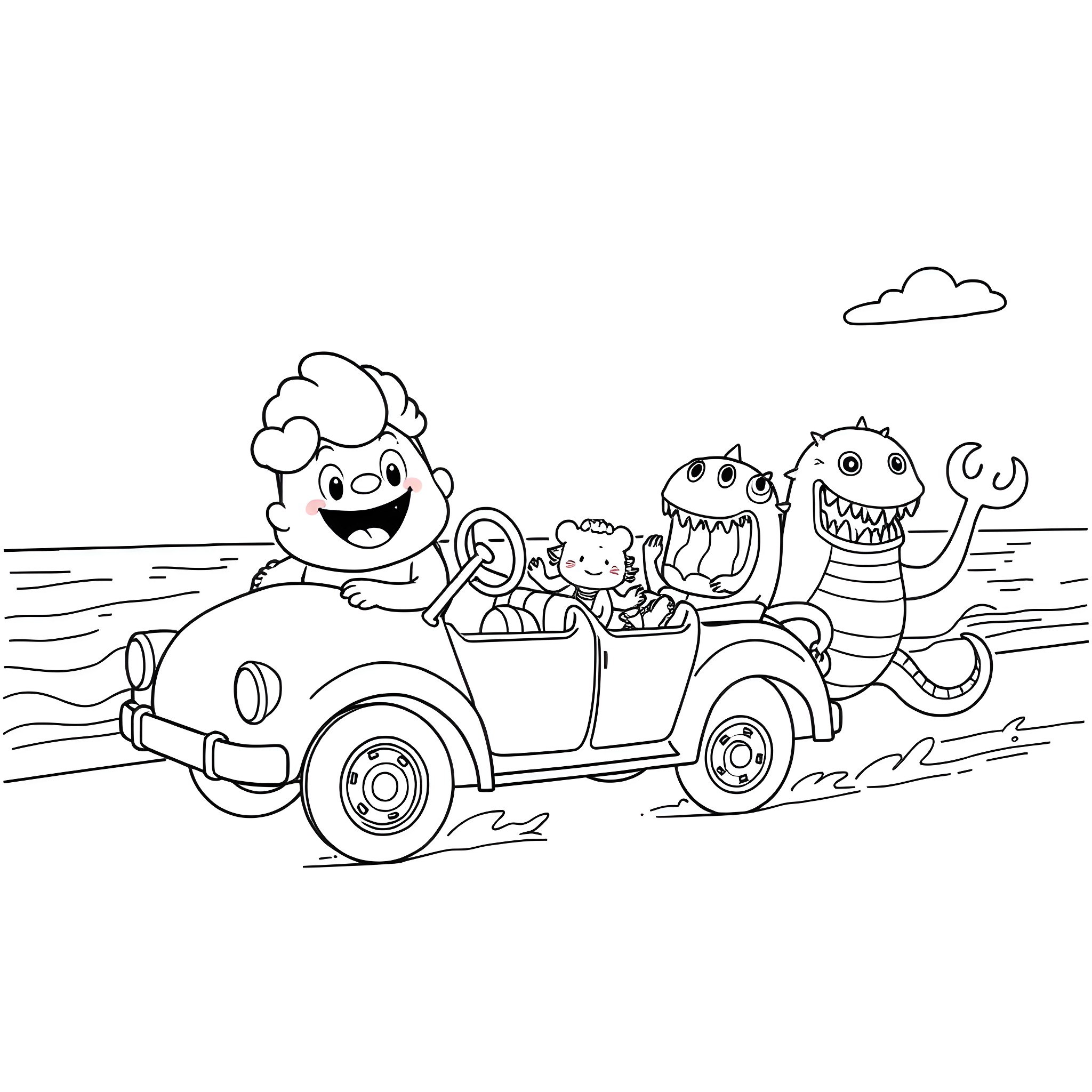 HR Puff n Stuff's Fun Ride in a Cartoon Car Coloring Page (free black-and-white line drawing printable PDF for all, from beginners to advanced learners, including children, teens, adults, and seniors)