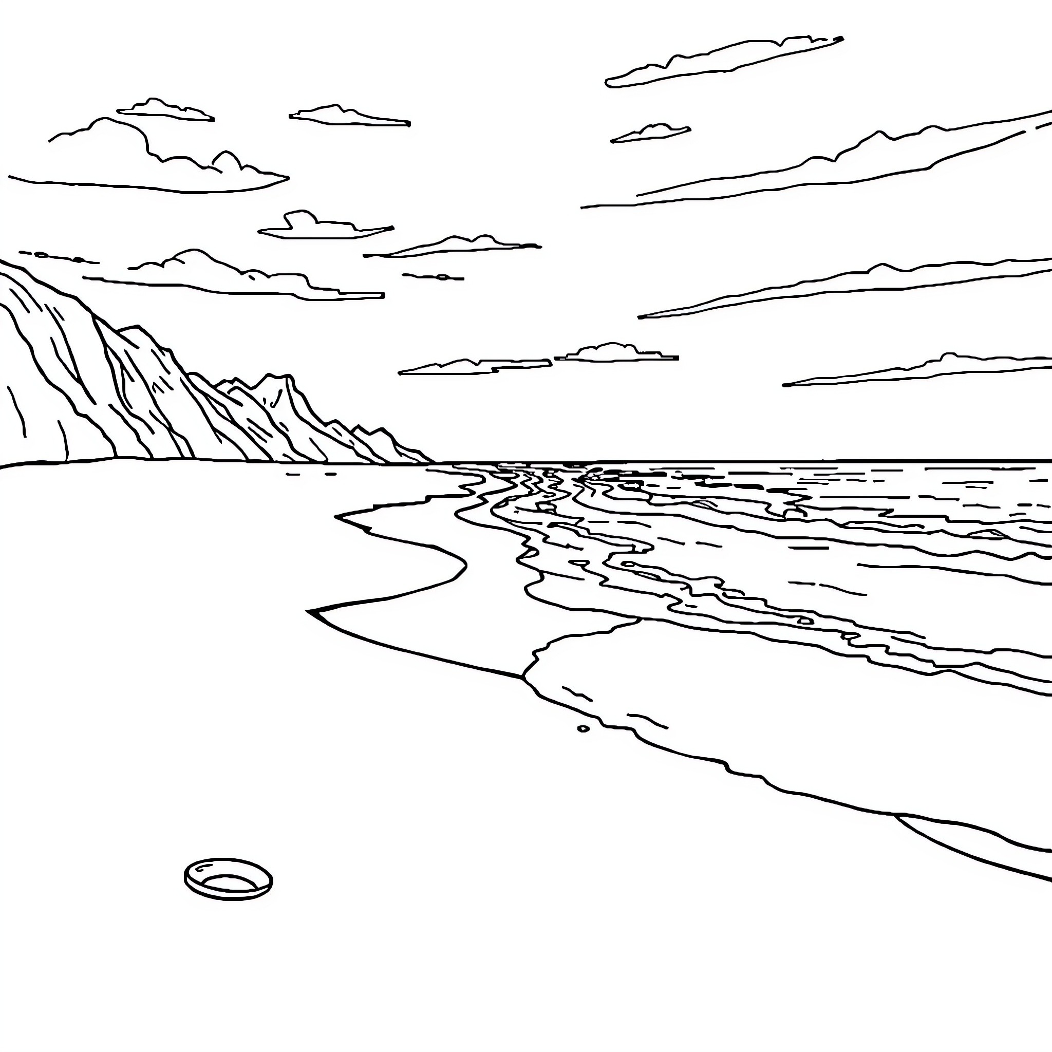 Beach scenery with cliff and ocean waves Coloring Page (free black-and-white line drawing printable PDF for all, from beginners to advanced learners, including children, teens, adults, and seniors)